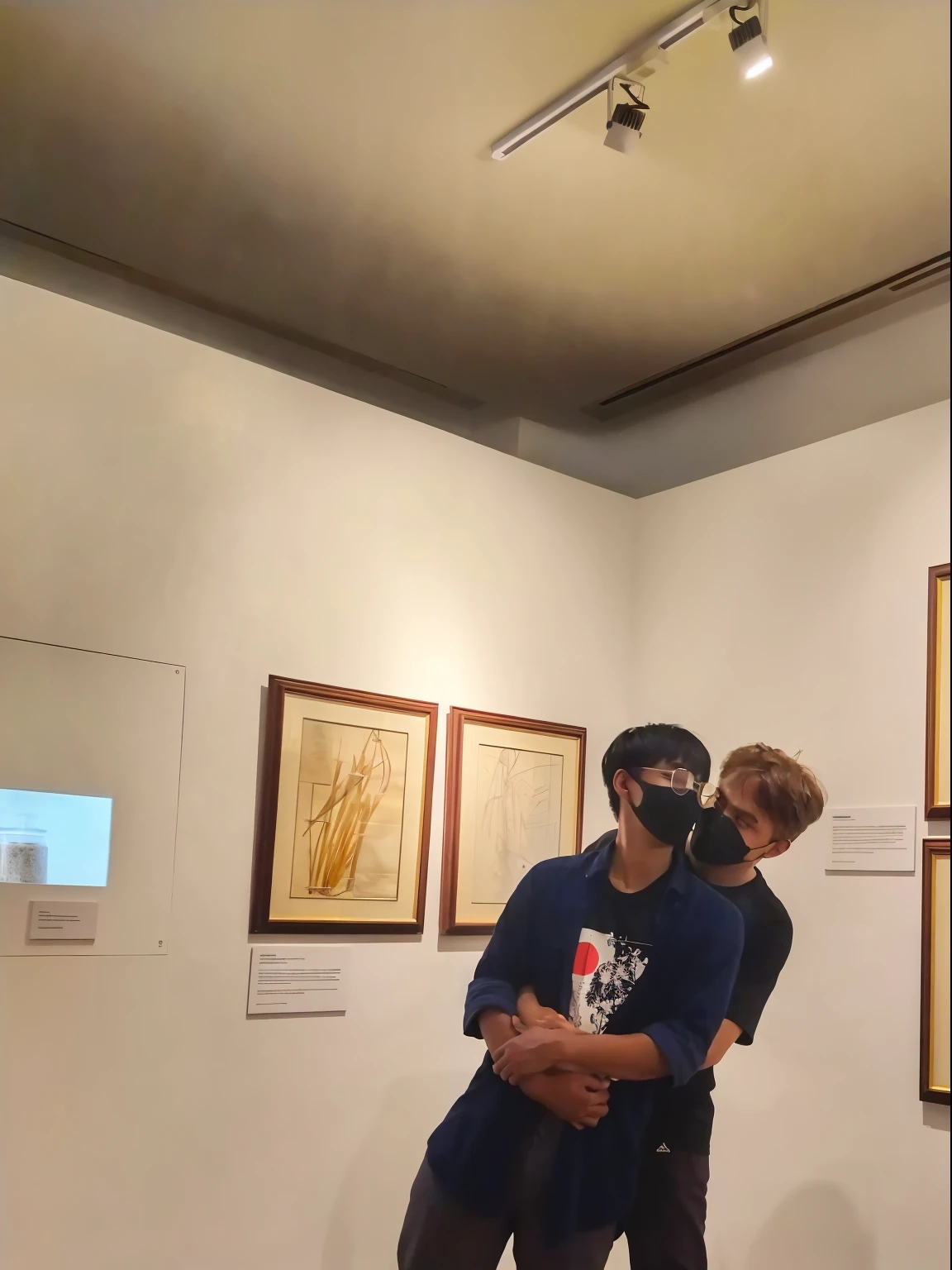 there are two boys hugging each other in a museum, in an art gallery], in the gallery, in an art gallery, in the museum, in a museum room, in a gallery setting, in a museum, korean artist, ruan jia and arthur rackham, art work, at a museum, fine art museum piece, realism art, at the museum
