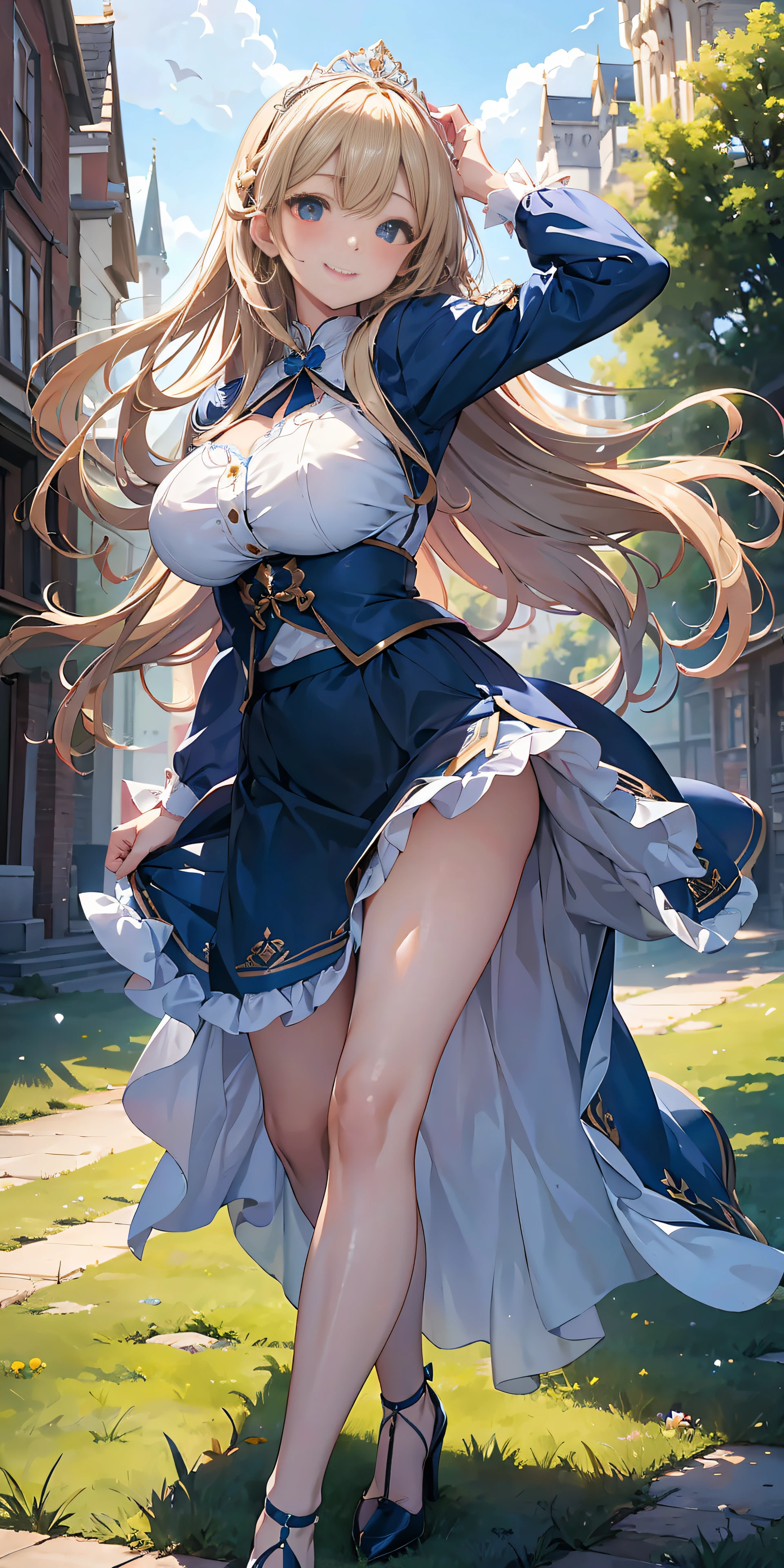Adult Woman, Long dark blonde wavy hair、Blue Dress, Puffy nipple、(Long flared skirt),、beautiful tiara、耳Nipple Ring、Medium milk, cute smile face、Poses that emphasize the buttocks、((turned around))、sexy hips、Black High Heels、a castle yard、sexy pose、(((The skirt is rolled up by the wind)))、Sexy white lace panties、(I can see all my panties)