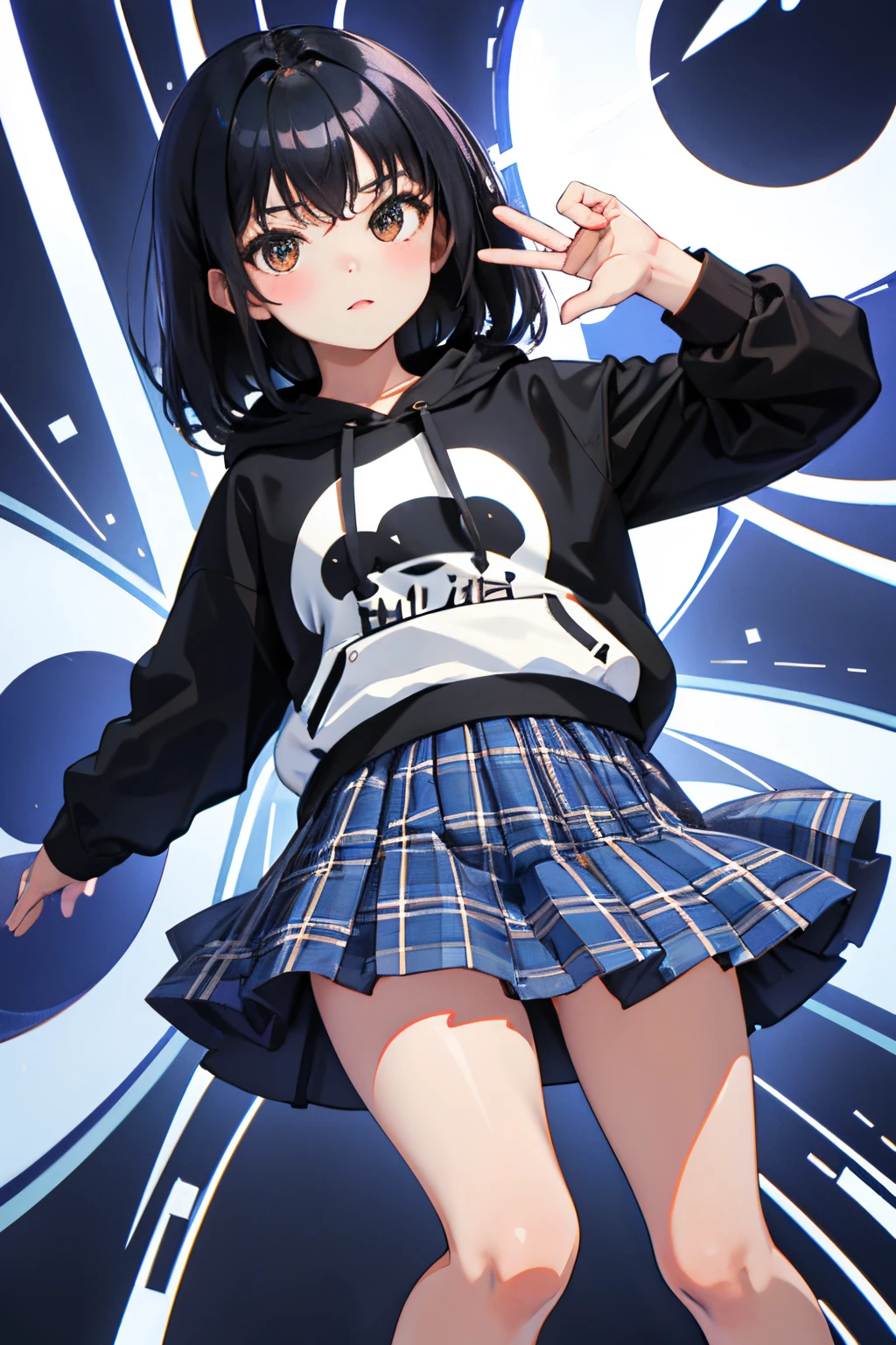 open one's legs，child，（​masterpiece，Highest Quality），Navy Light Hoodie，plaid skirts，A dark-haired，Twin-tailed