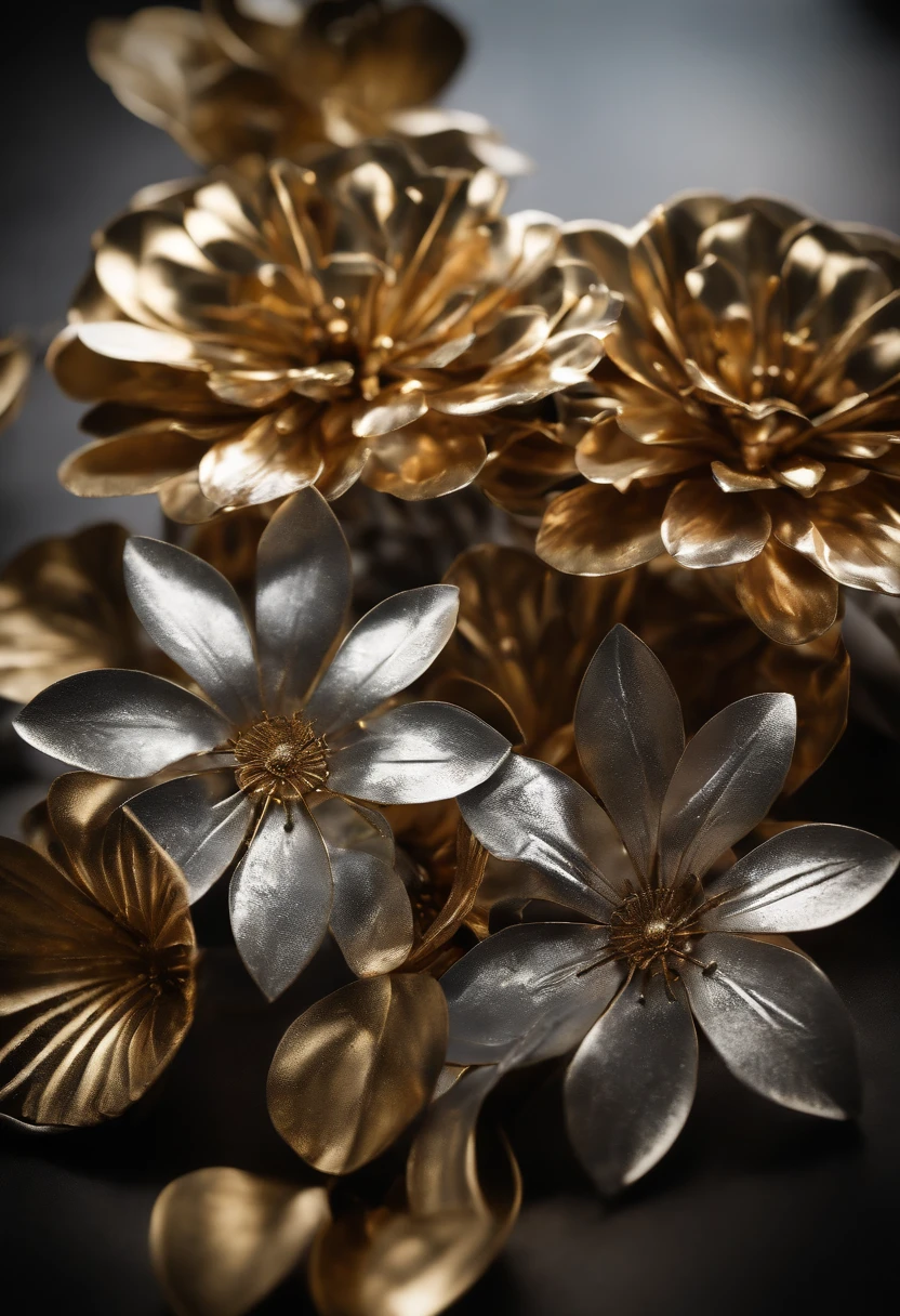 (detailed metal flowers,shiny metallic petals,delicate steel stems,realistic,photorealistic:1.37),industrial,botanical,craftsmanship,ornate design,macro photography,vibrant colors,soft lighting,unique composition,contrasting textures,daylight