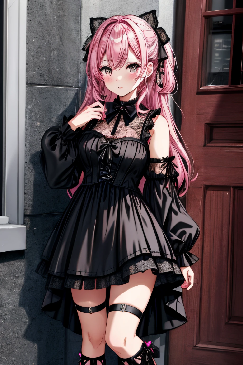 //Character

1girl,

BREAK

//Fashion

Lace-Trimmed Black Dress with Pink Accents,

A black dress with lace detailing and subtle pink accents, such as ribbon or embroidery,

Pair with black ankle boots or platform shoes for a gothic touch,

BREAK