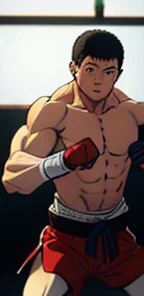 staring in front, hand wraps, scar face, muay thai stance, muscular