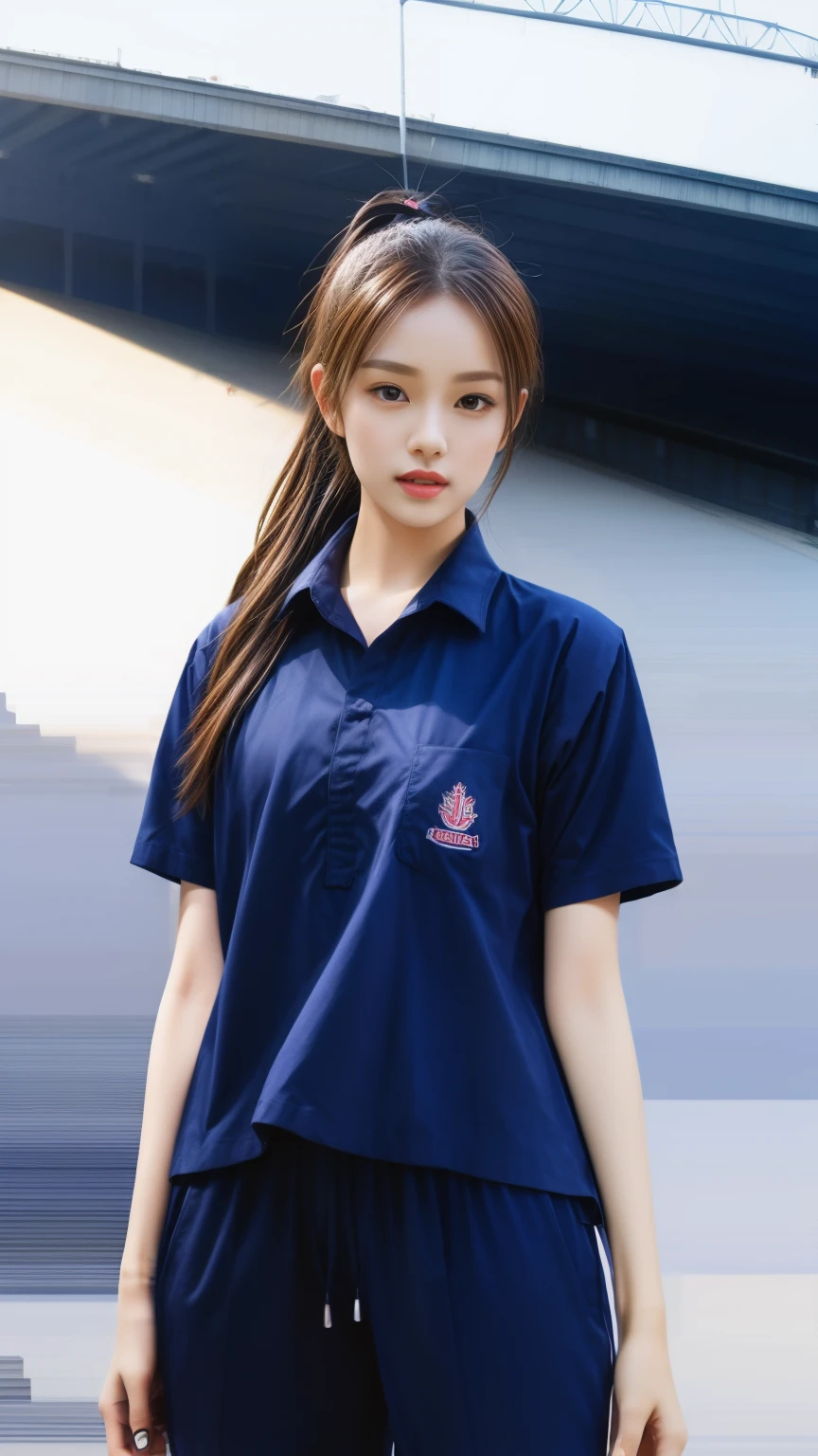 (bestquality,10,10,highres,masterpiece:1.2),ultra-detail,(Realistic,photorealistic portrait,photo-realistic:1.37),1 Cute girl in the football field,oily shiny skin,bara,light smile,BDclothes,((blue shirt:1.3)),short sleeves,shirt, trousers.,(navy_long_Pants Track:1.1), ((Stadium Background:1.3)),dynamic angle,excited,face focus,Dynamic Poses,from behide,Ass Focus,masterpiece, bestquality, ultra realistic, hyper-detail, 8k resolution, RAW photo, crisp focus, ((Navy blue shirt:1.1)), short sleeves, Long Path, Perfect body, 2 mature women, 18yo, cinematic light,Blue sweatpants,Gymware,Correct anatomy,Complete body, Correct body, sharp face, Anatomically correct body, full entire body, Realistic gestures, long-haired, Realistic poses,Wear long shorts.................,Long leg span,Shapely,Sculpting Girl, Slender Figure, mannequin mannequins, Shapely, Beautiful body,Blue sweatpants, Two girls kissing