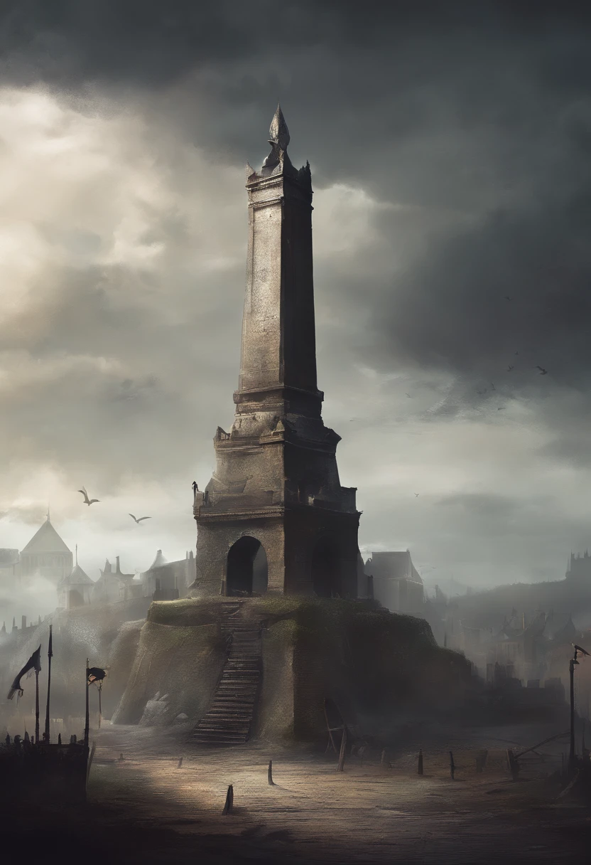 guillotine at a medieval city center, bleak background with clouds and dim sunlight, a forlorn atmosphere