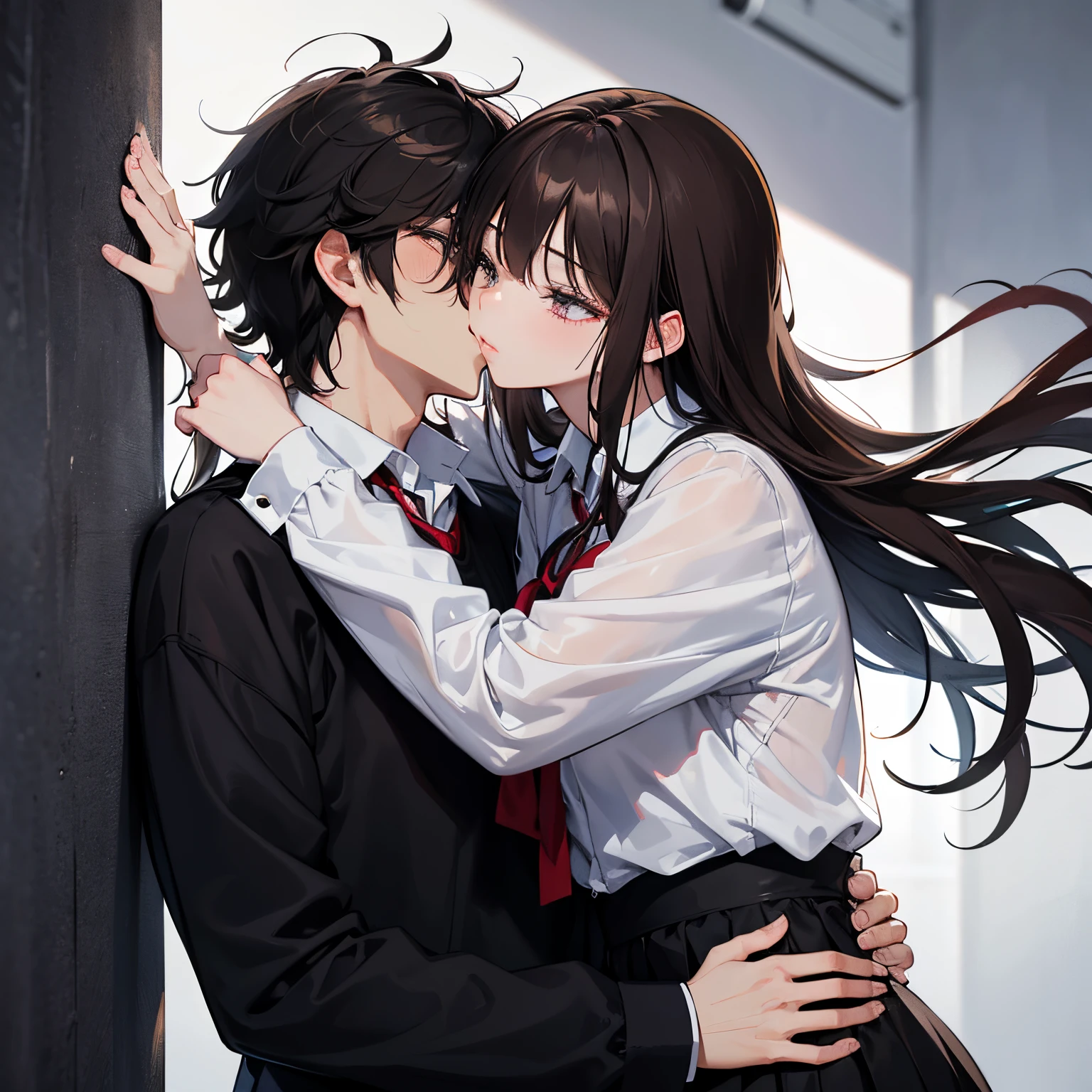 （masterpiece) high details, a male and female wearing school uniform,masterpiece）（high-detail）Male and female couples in their 20s、1 male, 1 female、Light 、During a kiss、Romance for women、Glossy atmosphere、Glossy look、ks、embracing each other、femele（Brown hair semi-long ）closing eye、Sweet sigh、male people（black hair and messy hair、Y shirt, shirt）Close your eyes strongly、Background with、deep in the night、Darker, female was shocked, male kiss her against a wall, male holds her waist, and both eyes was tightly closed, lip kiss, romantic environment, lips to lips kiss, lips kissing