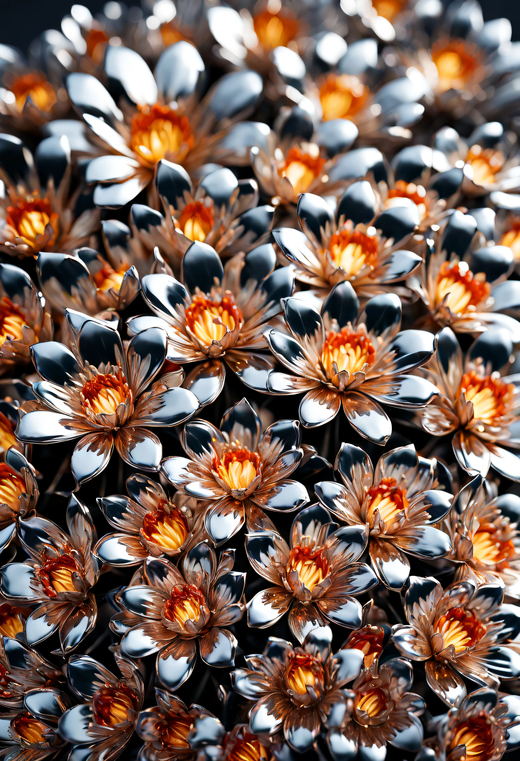 (detailed metal flowers,shiny metallic petals,delicate steel stems,realistic,photorealistic:1.37),industrial,botanical,craftsmanship,ornate design,macro photography,vibrant colors,soft lighting,unique composition,contrasting textures,daylight