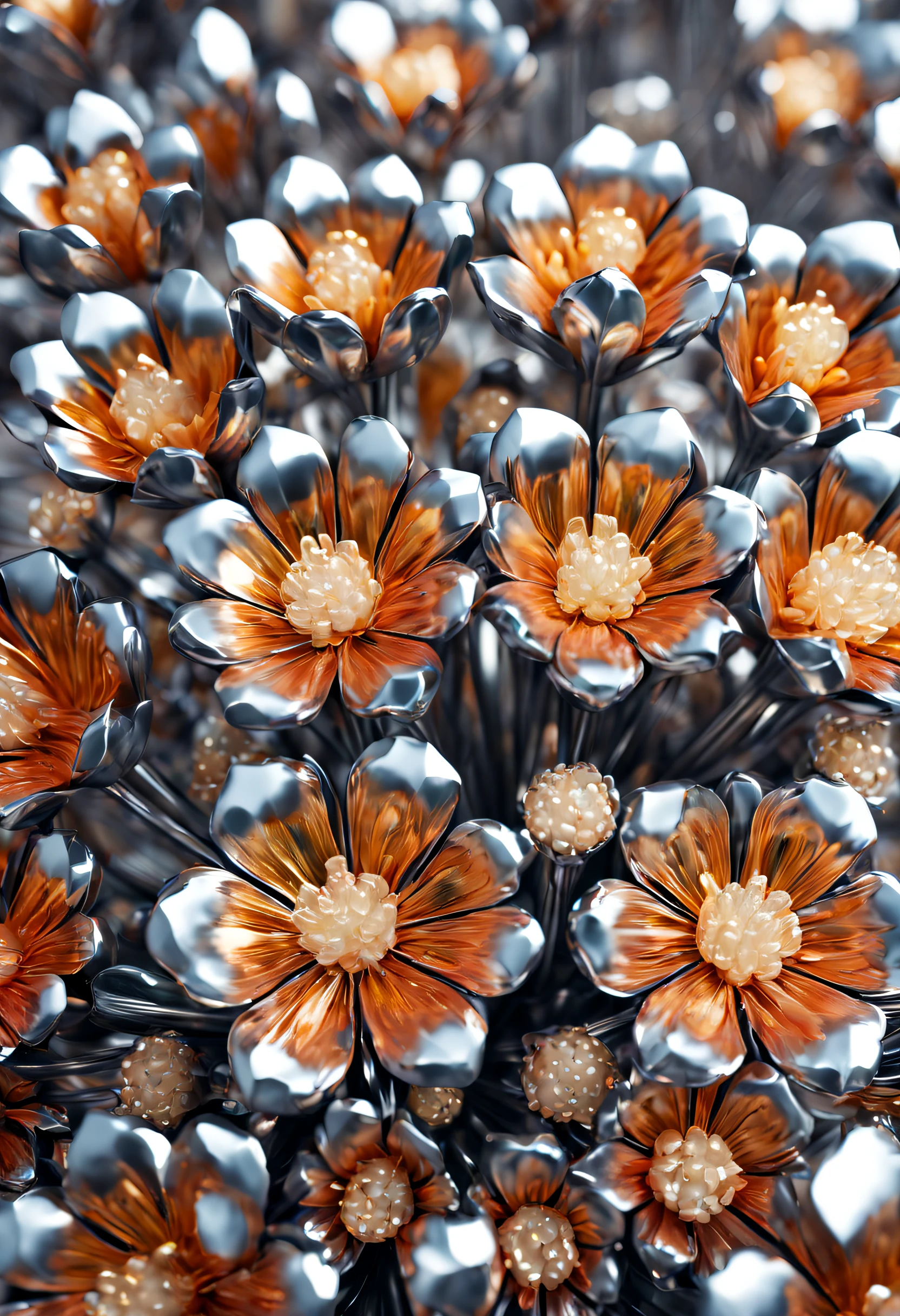 (detailed metal flowers,shiny metallic petals,delicate steel stems,realistic,photorealistic:1.37),industrial,botanical,craftsmanship,ornate design,macro photography,vibrant colors,soft lighting,unique composition,contrasting textures,daylight