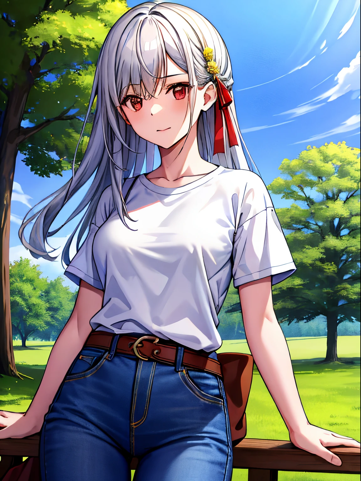 top-quality、 [3D images:1.15],hight resolution、Inglis Yukes,独奏,a park、Park with blooming flowers,Silver-white hair,A detailed eye、Hands at the waist、Red Eyes、white t-shirts、plain white shirt。Long Blue Jeans、From the knee up、 Center、A cute girl no matter who looks、Cowboy Shot、