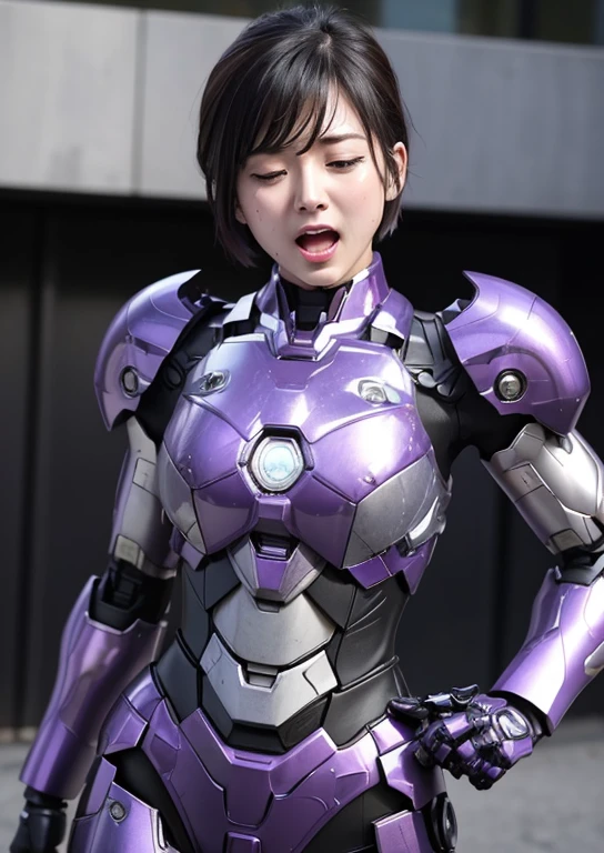Female Iron Man(purple and black)、The sheen、short cut hair、Textured skin, Super Detail, high details, High quality, Best Quality, hight resolution, 1080p, hard disk, Beautiful,(Gundam),beautiful cyborg woman,Mecha Cyborg Girl,Battle Mode,Girl with a Mecha Body,She wears a futuristic Gundam mecha,Fulll body Shot、eye closed、Expression of bitterness、Sweaty face、、Open your mouth wide to the maximum、a sultry、sodden、placement、Steam from the head、Spread your crotch、The pubic area is visible、Opening Mouth、