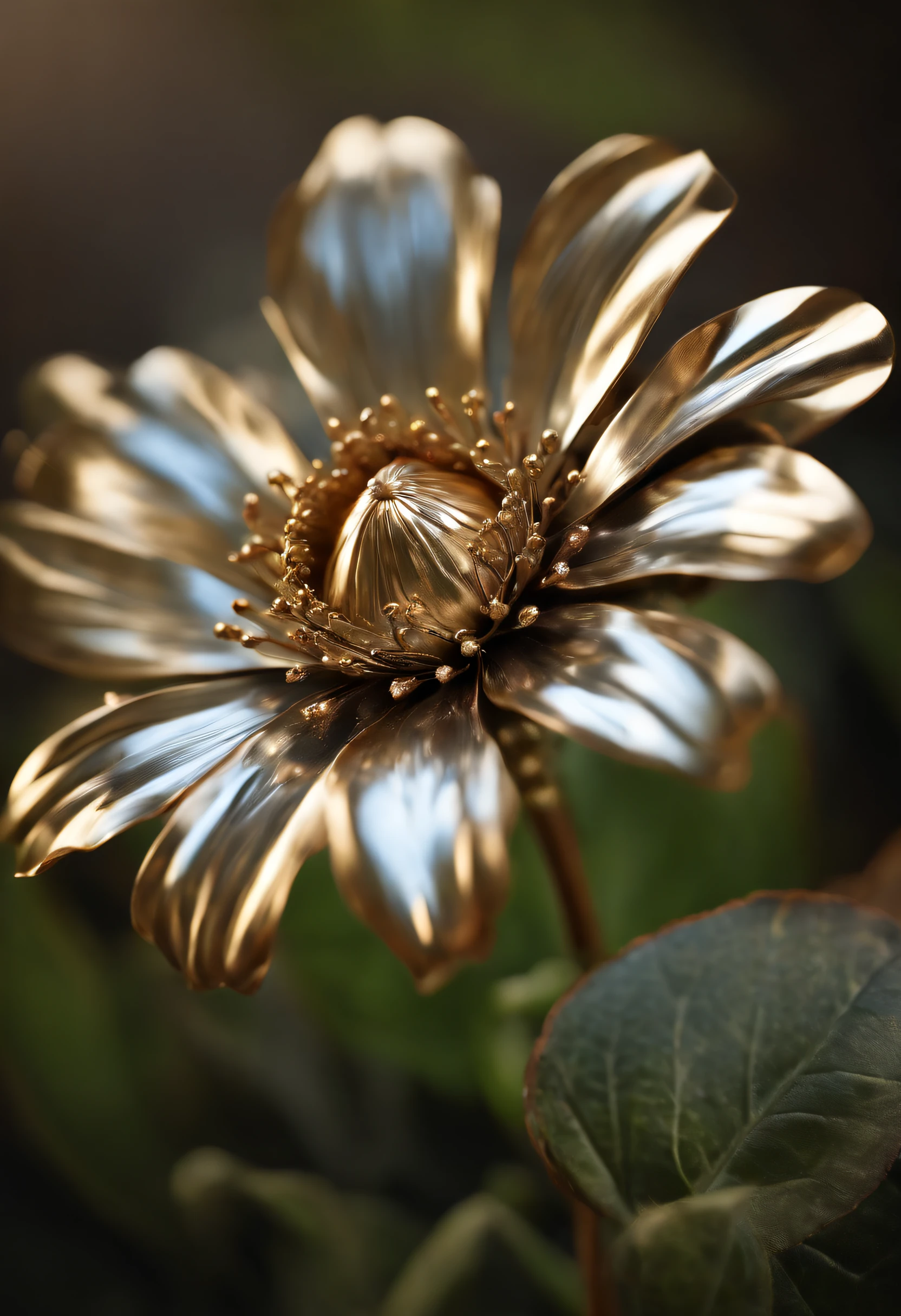 (detailed metallic flower, shiny metallic petals, delicate steel stems, realistic, photorealistic: 1.37), industrial, botanical, craft, ornate design, macro photography, vibrant colors, soft lighting, unique composition, contrasting textures, daylight