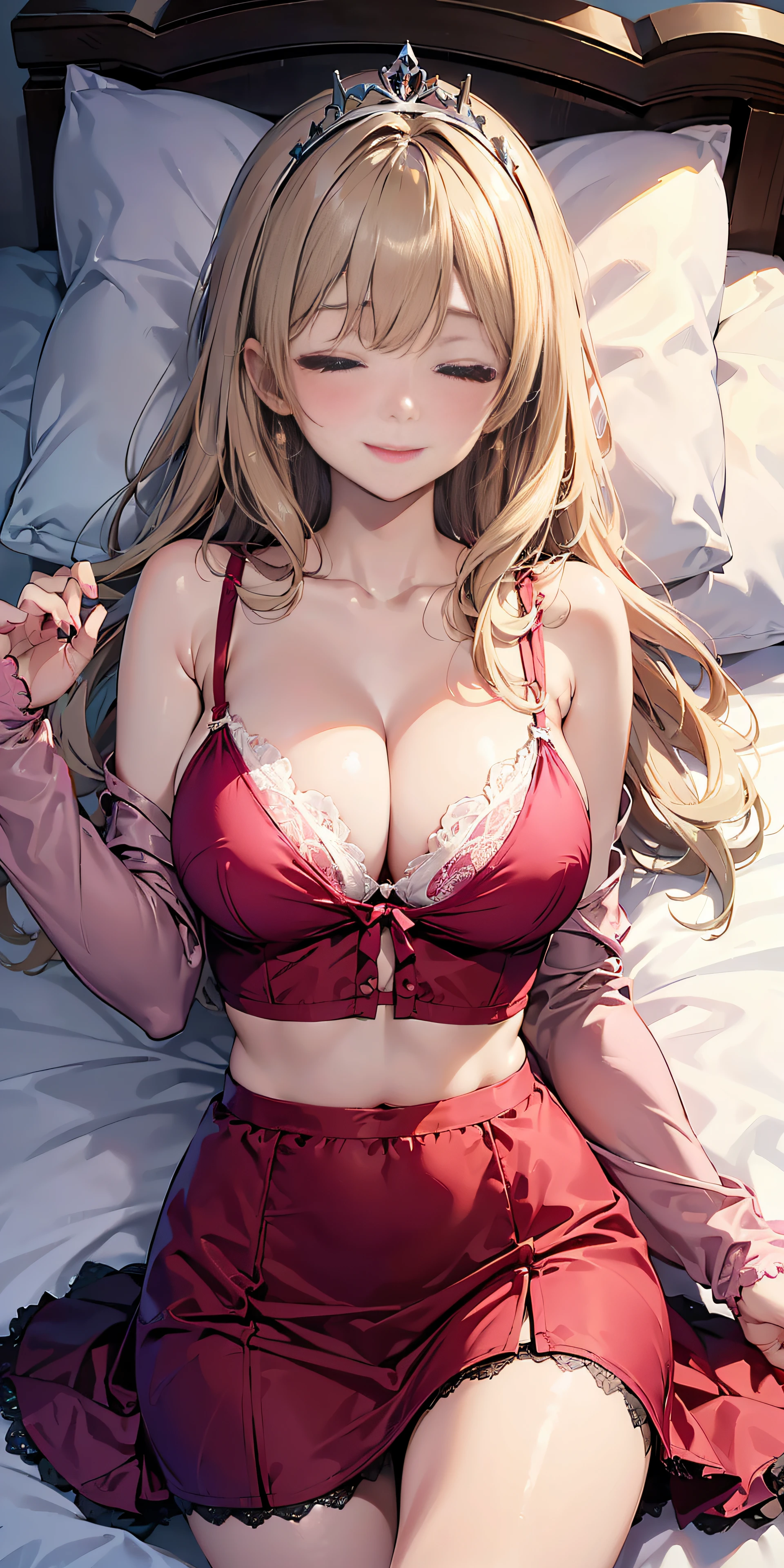 Adult Woman, Long dark blonde wavy hair、Red dress, Puffy nipple、(Denim Mini Skirt),、beautiful tiara、耳Nipple Ring、Medium milk, cute smile face、Kamimei、cleavage of the breast、princess room bed、7 sexy poses、sexy pink lace panties、pink lace bra、((Sleeping on the bed、Head on pillow))