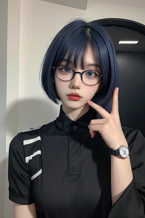 18 years old korean white guy, has pointy nose, has blue normal eyes but not too blue, wear thin glasses, juicy lips, wearing a watch, wearing black polo, korean pixie cut with long bangs at the front.