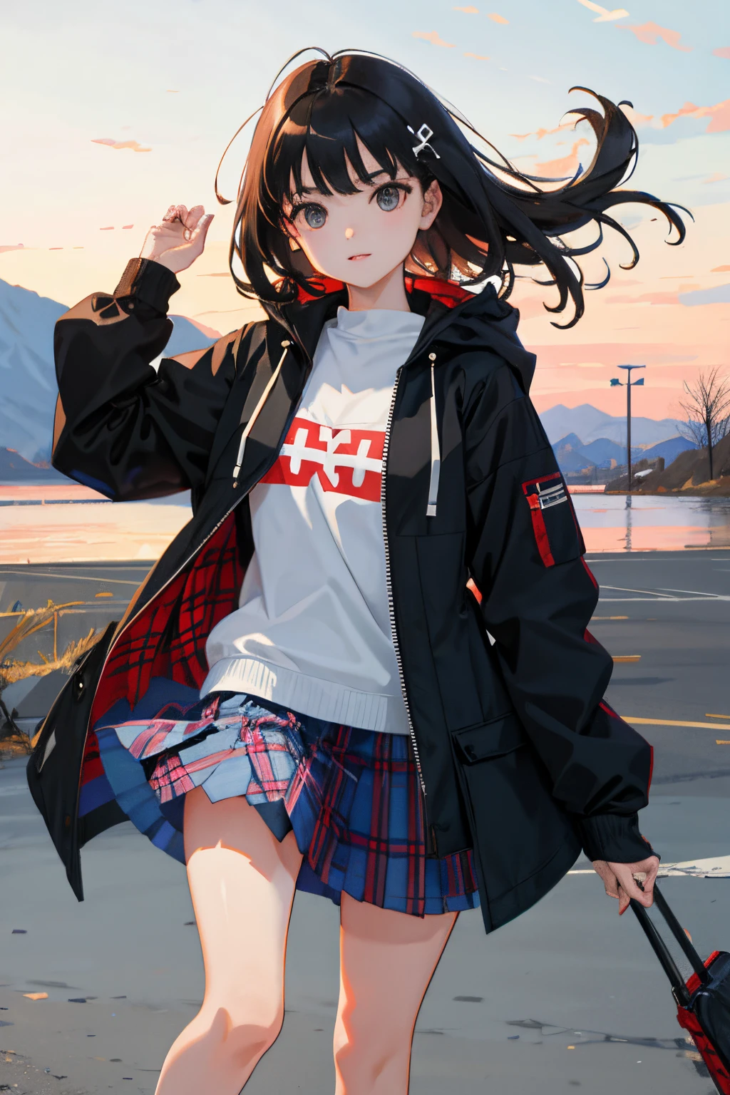 open one's legs，，（​masterpiece，Highest Quality），parka，plaid skirts，A dark-haired，The wind is blowing