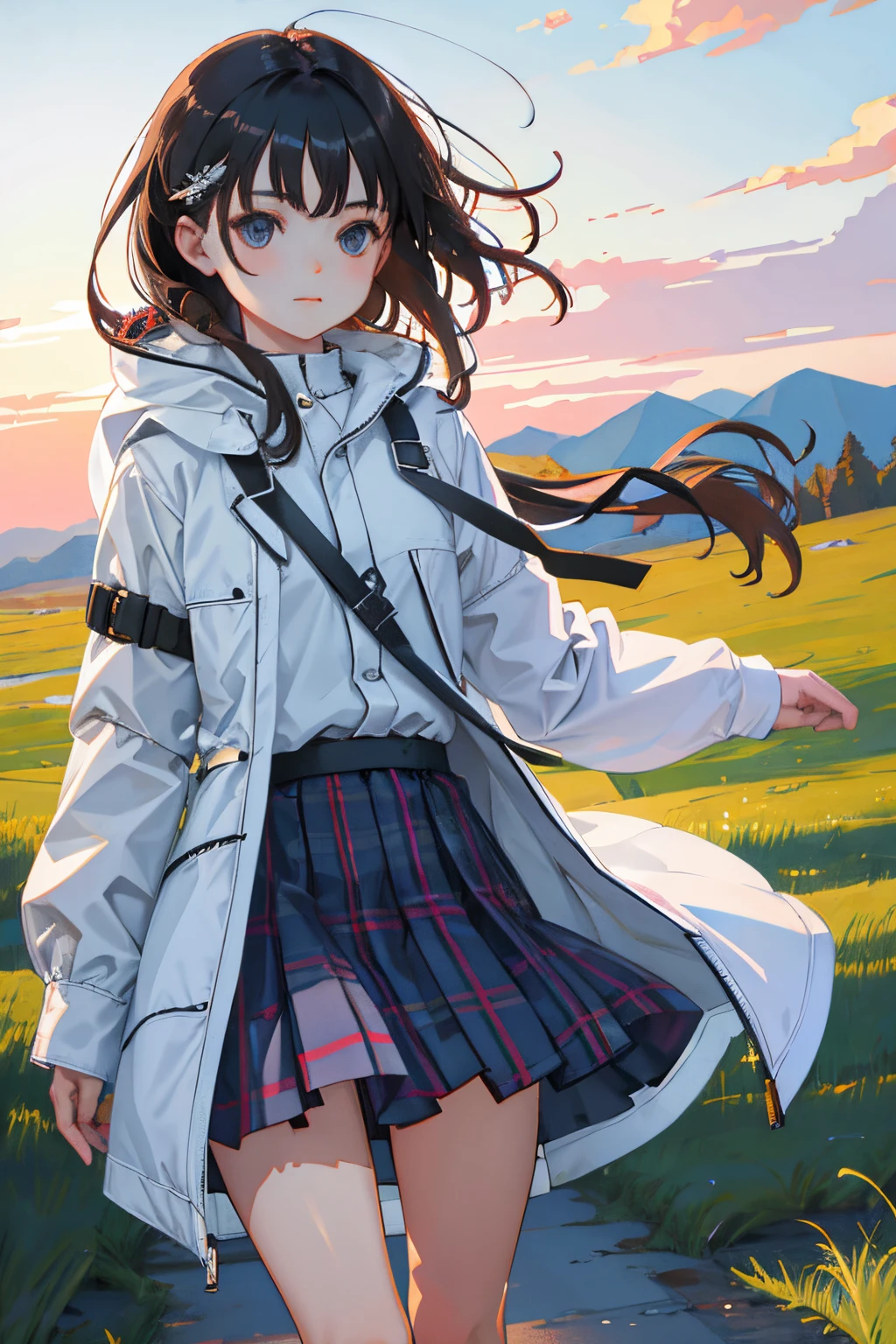 open one's legs,child,(masterpiece,Highest Quality),parka,plaid skirts,A dark-haired,The wind is blowing