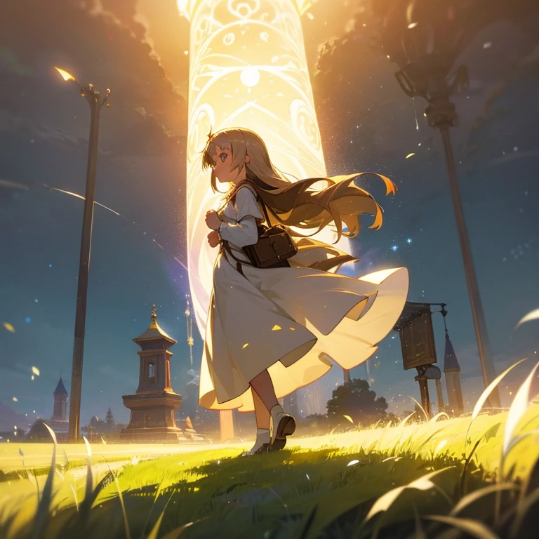 animesque Fantastical starrysky Chestnut haired girl in a white dress retro street lamp grass field sacred place Particles of light