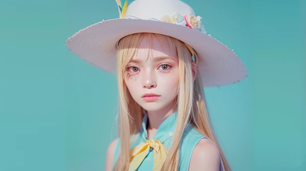 Girl, blonde long hair, cyan one-piece dress with yellow ribbon, white hat