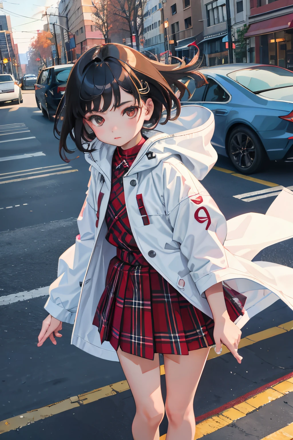 open one's legs,(child:1.2),(masterpiece,Highest Quality),parka,plaid skirts,A dark-haired,The wind is blowing