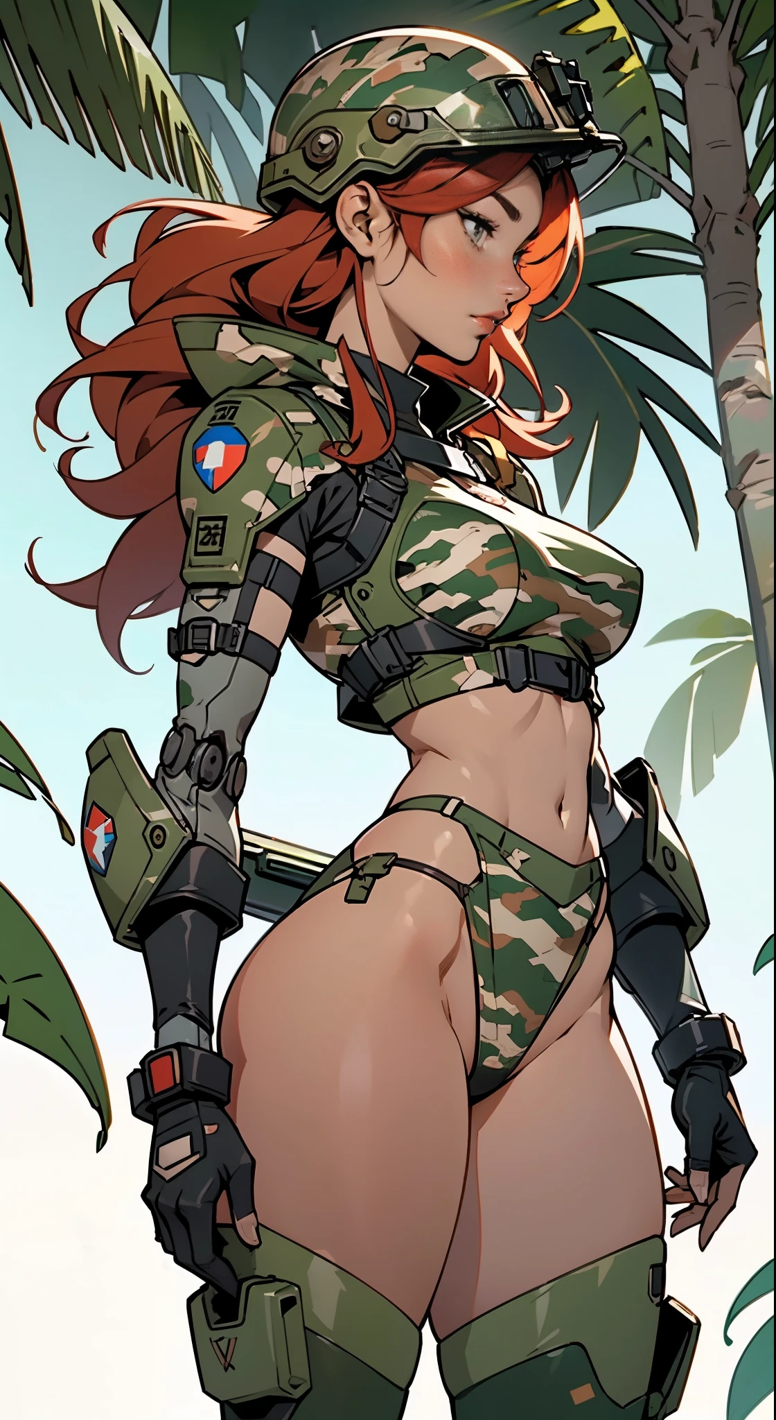 1woman 20 years old, max resolution, crisp lines, sculpted, military, wearing a soldier helmet, beautiful, perfect body, red hair, perfect body, thin waist, wide hips, large breasts, slim thighs, jungle background, armored vehicle, flying fighters, military robot dog, camouflaged uniform, tight panties, two-piece, head to toe, highly detailed, high resolution, perfect hands, side view, camo, turning around to see the viewer