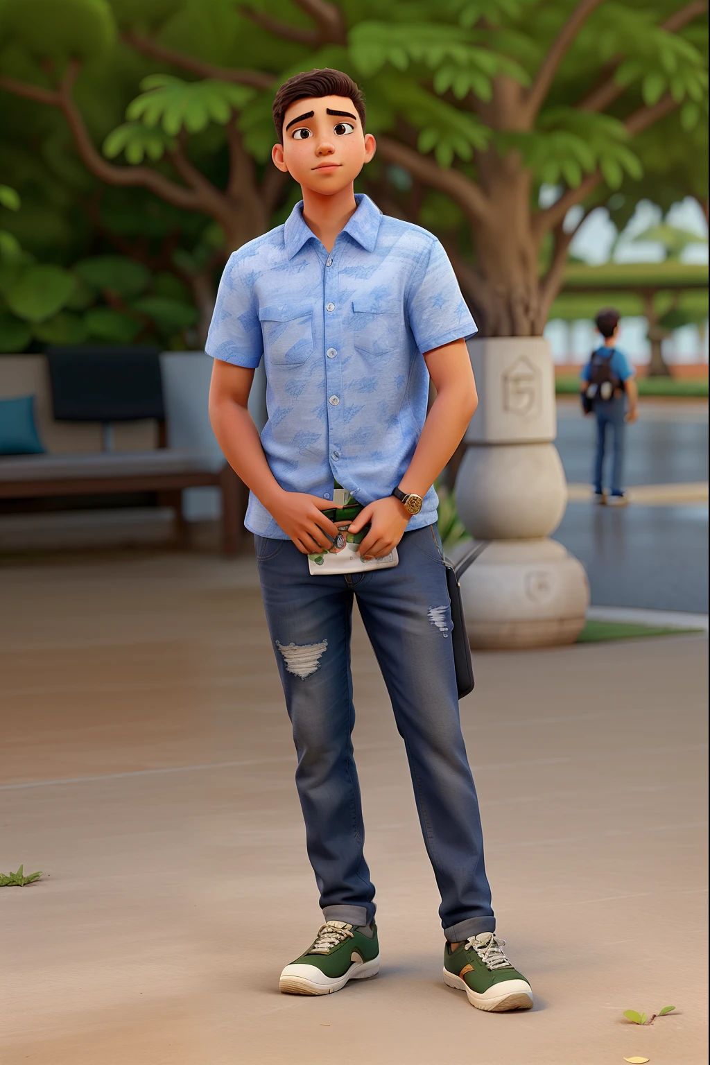 A wise young man standing in front, contra o pano de fundo de um jardim