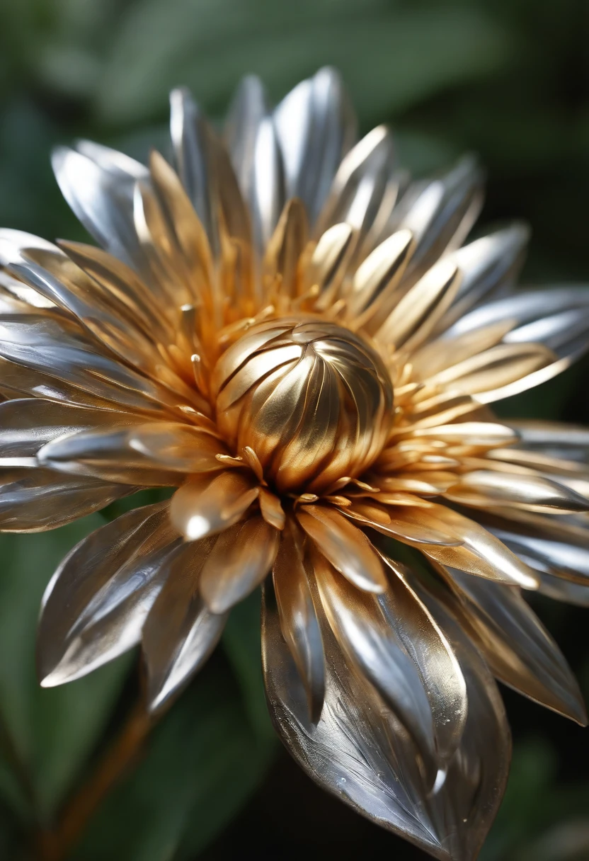 (detailed metallic flower, shiny metallic petals, delicate steel stems, realistic, photorealistic: 1.37), industrial, botanical, craft, ornate design, macro photography, vibrant colors, soft lighting, unique composition, contrasting textures, daylight