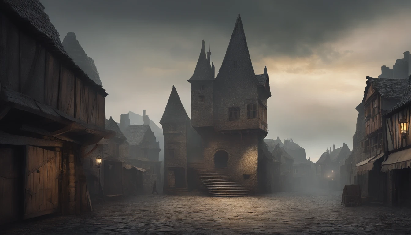 guillotine at a medieval town center underneath a bleak sky with clouds and dim sunlight giving a forlorn atmosphere