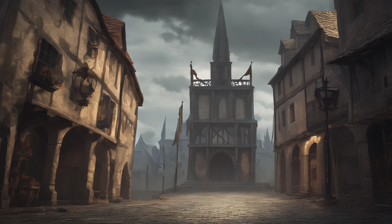 guillotine at a medieval town center underneath a bleak sky with clouds and dim sunlight giving a forlorn atmosphere