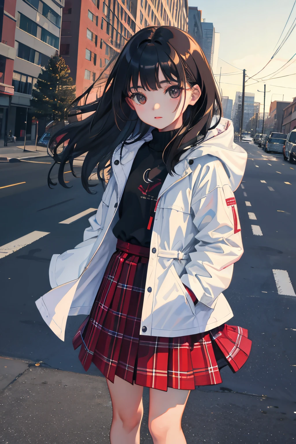 open one's legs,(child:1.2),(masterpiece,Highest Quality),parka,plaid skirts,A dark-haired,The wind is blowing