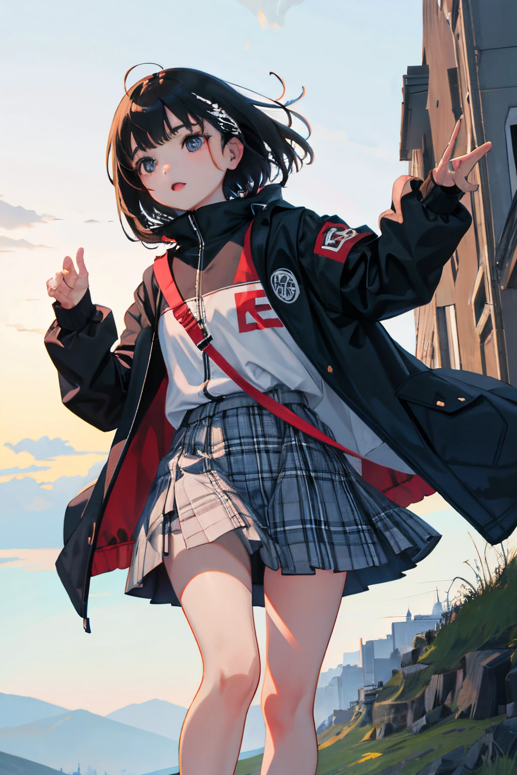 open one's legs,(child:1.2),(masterpiece,Highest Quality),parka,plaid skirts,A dark-haired,The wind is blowing