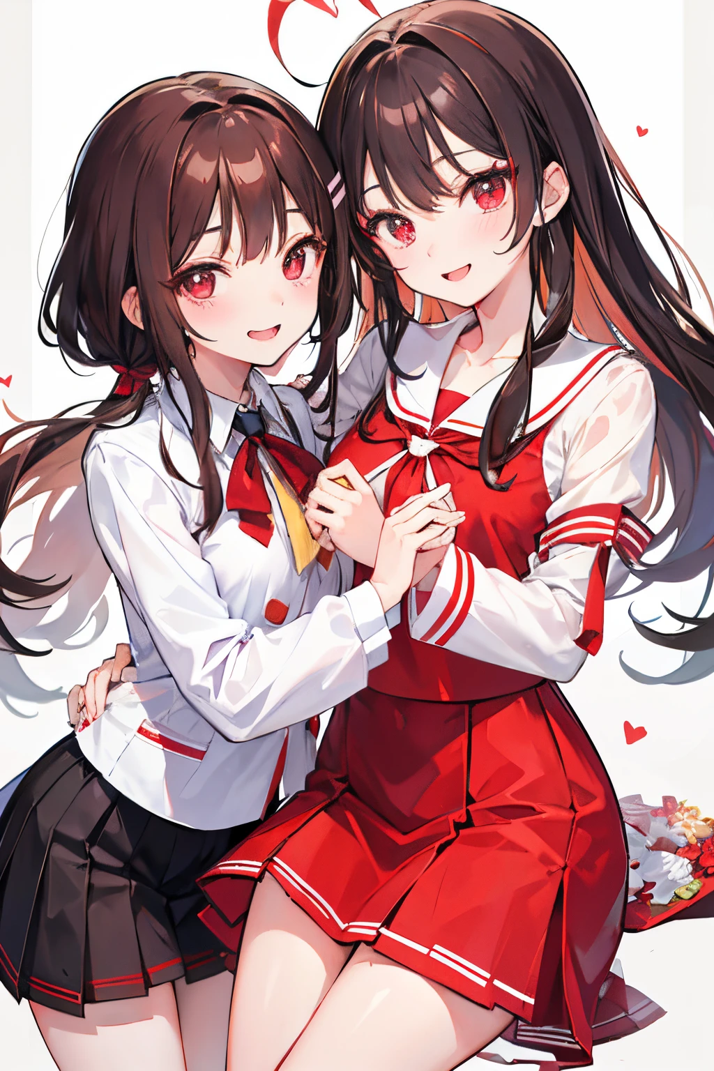 hu tao, high school clothes, Beautiful, Cute, Flower pupils, Red eyes, Smile and look at me, sonoko, Love me with all your heart, caring, setia, Best quality, Details, Brown hair,twincest