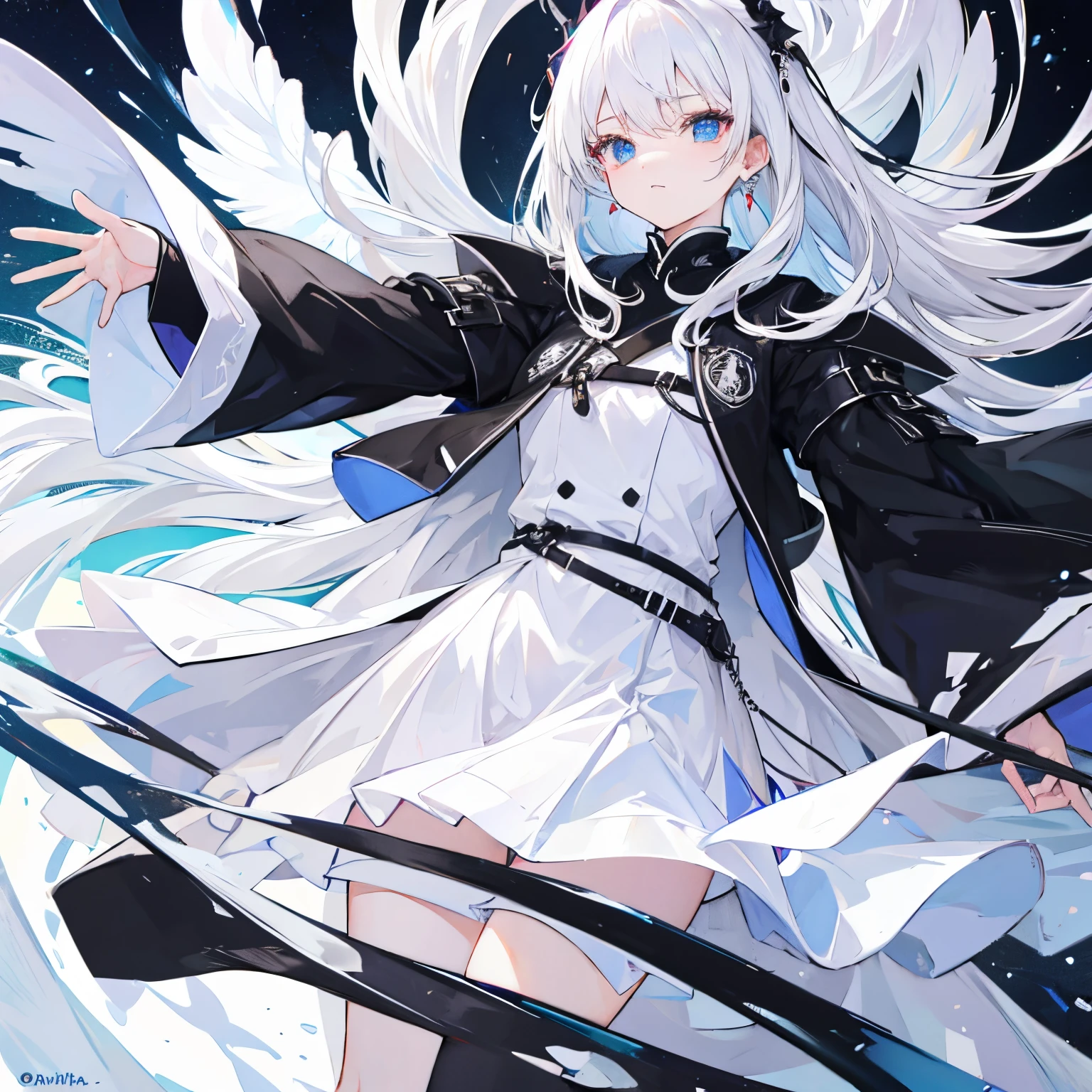 Anime girl with white hair and black cape holding a sword - SeaArt AI