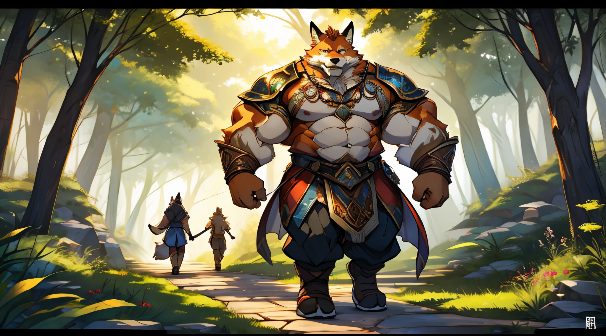 huge muscular furry, fox, (((walking in fantasy word))), magic forest, glowing plants