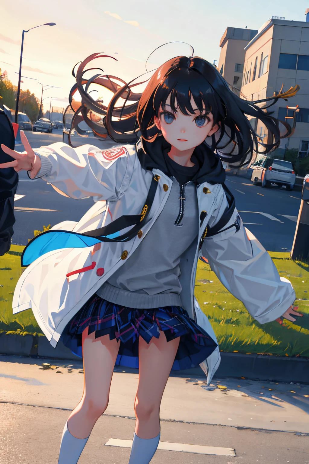 open one's legs,(child:1.2),(masterpiece,Highest Quality),parka,plaid skirts,A dark-haired,The wind is blowing