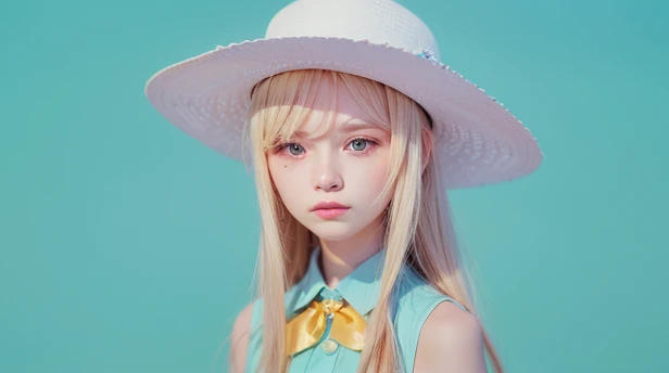 Girl, blonde long hair, cyan one-piece dress with yellow ribbon, white hat