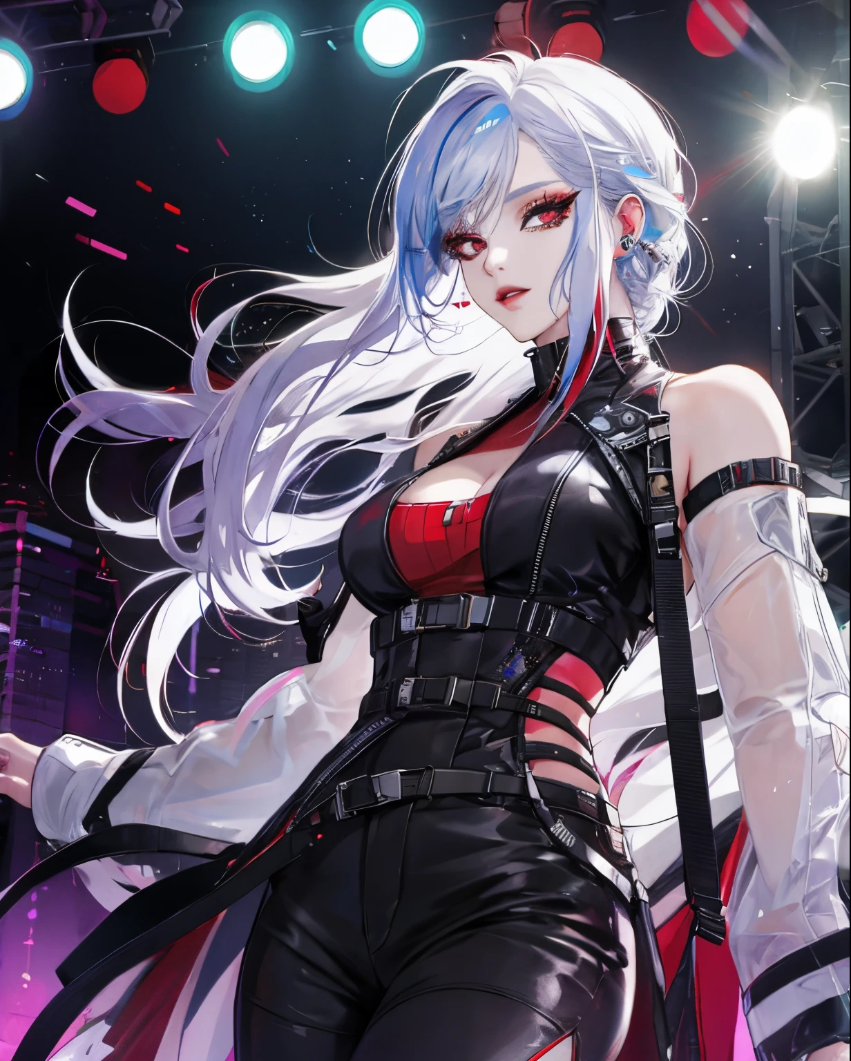 German, female, 185cm tall, Kpop, idol, singing on stage, cyberpunk outfit, platinum hair color, midia hair, red eyeliner,