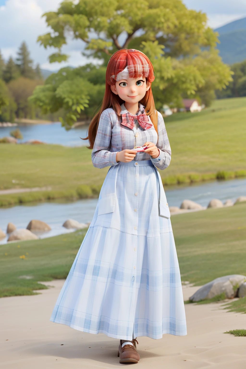 masterpiece, high quality best quality,1girl, bangs, beach, blue_sky, blush, bow, breasts, checkered, checkered_shirt, checkered_skirt, cloud, cloudy_sky, collarbone, day, envelope, giving, grass, hair_bow, heart, holding, holding_letter, horizon, incoming_gift, kazami_yuuka, leaning_forward, lens_flare, letter, light_rays, long_hair, looking_at_viewer, love_letter, mountain, mountainous_horizon, ocean, outdoors, plaid, plaid_background, plaid_bikini, plaid_bow, plaid_bowtie, plaid_bra, plaid_dress, plaid_headwear, plaid_jacket, plaid_legwear, plaid_necktie, plaid_neckwear, plaid_panties, plaid_pants, plaid_ribbon, plaid_scarf, plaid_shirt, plaid_skirt, plaid_vest, pov, shirt, skirt, sky, smile, solo, sun, sunbeam, sunlight, tree, unmoving_pattern