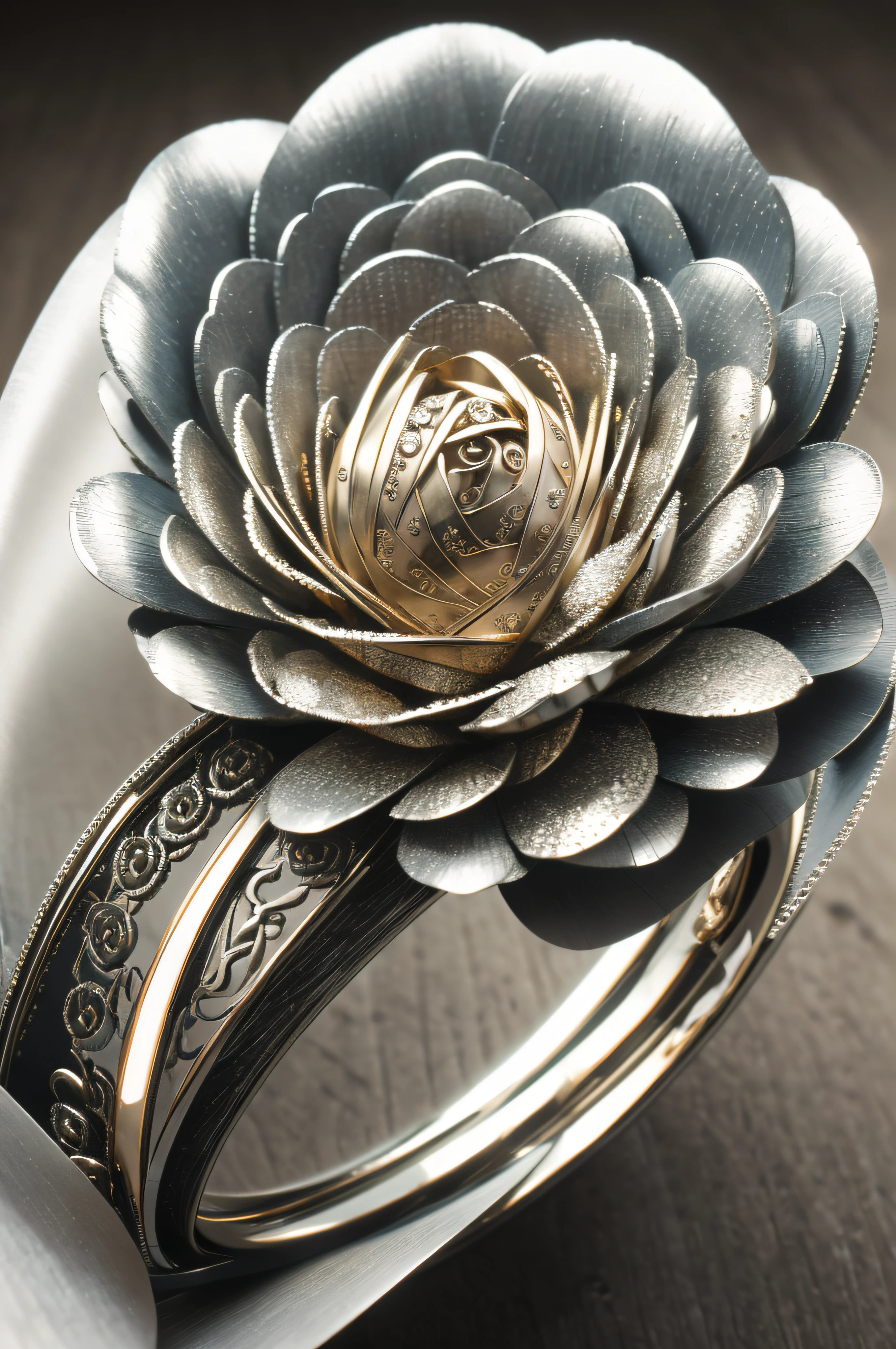 best quality, 8k, masterpiece: 1.2, ultra-detailed, realistic: a metal flower ring (shiny petals, delicate craftsmanship, detailed engravings, shimmering reflections).