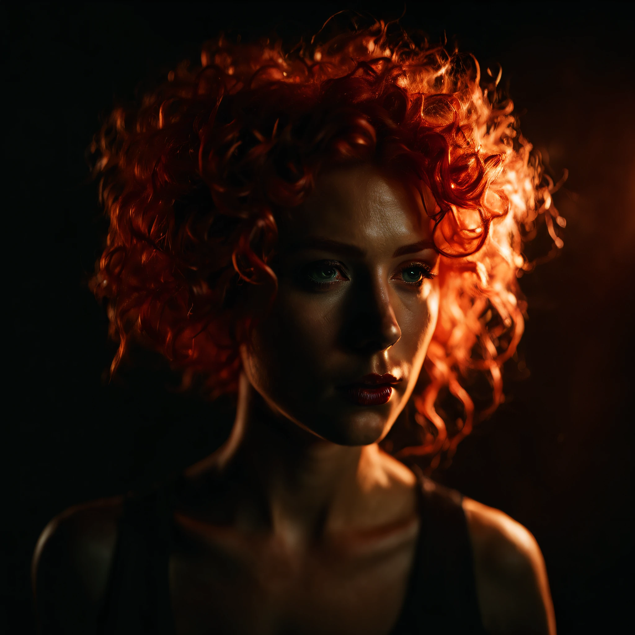 a woman in the front position with curly red hair with an expression of terror, stained with black oil, in a dark basement, with black shadow, and an aurora light illuminating the woman's face, with 3D, cinematic, midjorney style, photographic, sony A7rlll, detailed, 8k.