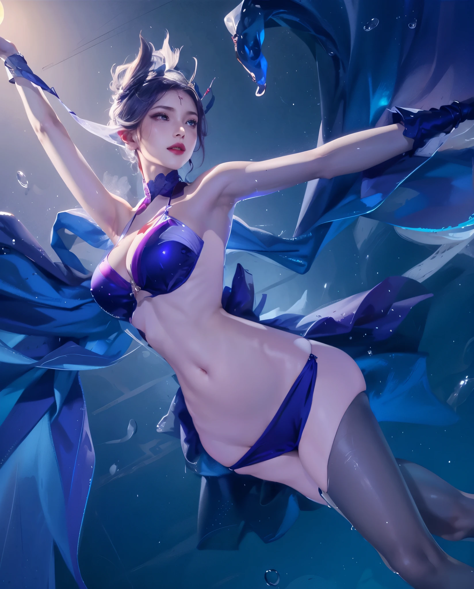 Photorealistic, high resolution, Soft light,1womanl, Solo, hips up high, glistning skin, (Detailed face),Tattooed with, jewelry, Transparent Hanfu for weddings, cherry blossom, Night, White wavy hair, Beautiful soldiers, Catch the audience's eye, Lover's perspective, Invitation expression, Sexy smile, Perfect style, Perfect balance, Detailed skin, mischievous gaze, chest visible、ssee-through、sheer feeling、Wet skin、Wet hair、dishiveredhair、Stalls、Wet clothes、sodden、Transparent halterneck、Transparent dress、Navel Ejection、The back is open, Beach party, blue bikini