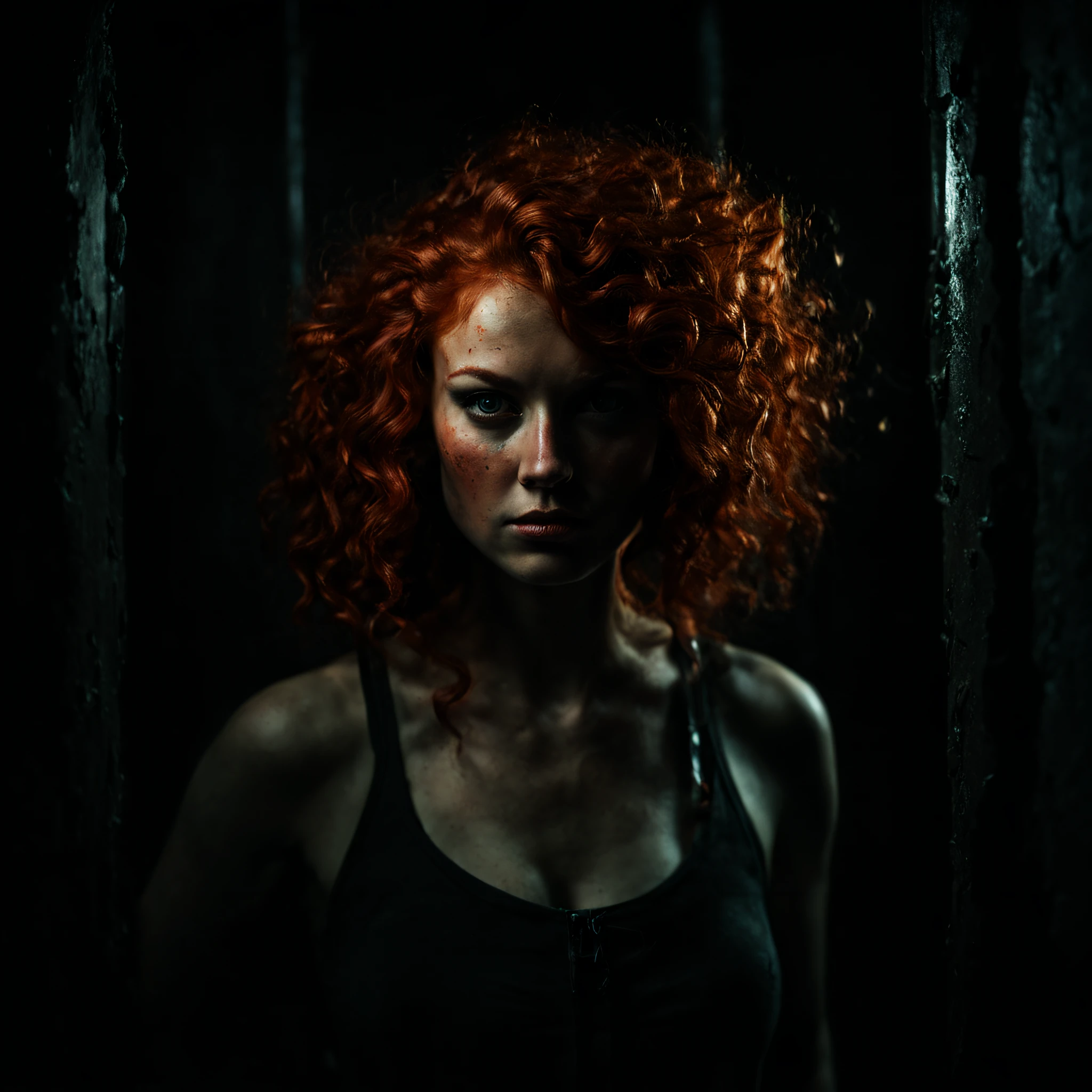 a woman in the front position with curly red hair with an expression of terror, stained with black oil, in a dark basement, with black shadow, and an aurora light illuminating the woman's face, with 3D, cinematic, midjorney style, photographic, sony A7rlll, detailed, 8k.