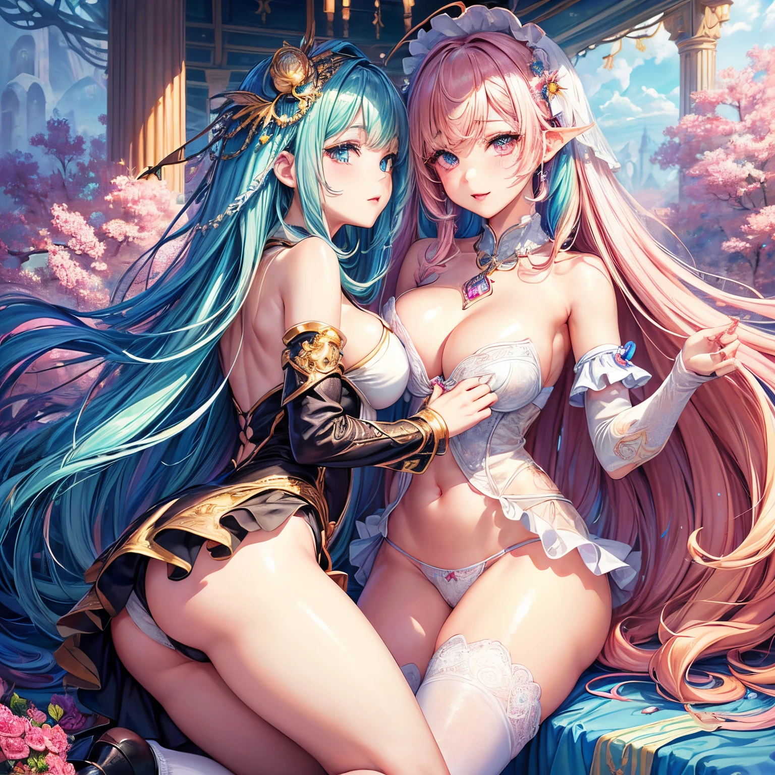 (Beautiful detailed eyes,Beautiful detailed lips,extremely detailed eye and face,longeyelashes,Cute girl in alchemy costume,Cute uniform,miniskirt laugh out loud,attractive girl,Best Quality,busty,masutepiece:1.2,stunning figure,Erotically cute,Ultra-high resolution,Gorgeous girl,Lovely girl,Multi-colored hair,Relaxation Socks,High resolution,gorgeous eyes,Perfect beauty) (​masterpiece、top-quality、top-quality、watercolor paiting(Curly)、Official art、Beautifully Aesthetic:1.2)、(２girl with:1.3)、(Fractal Art:1.3)、The upper part of the body、From Side、looking at the viewers、patterns、(rainbow-colored hair、colourful hair、Half white and half pink hair:1.2)、((A detailed４This refers to、Thumb joint details))、Eau、gases、云、colourfull、Soap bubbles、Deep kissing、(I'm、violate、Detailed panties)