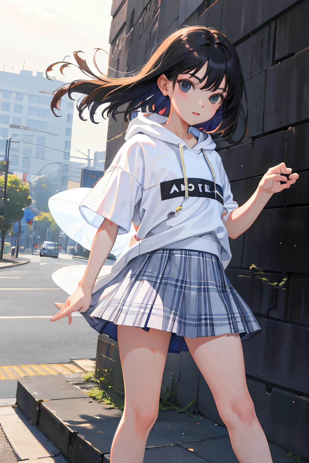 open one's legs,(child:1.2),(masterpiece,Highest Quality),Short sleeve hoodie,plaid skirts,A dark-haired,The wind is blowing
