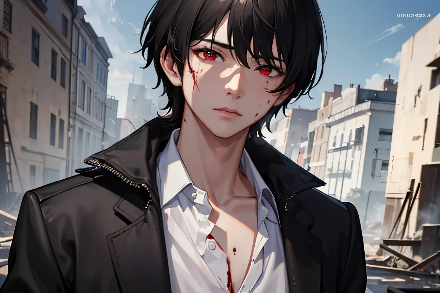 masterpiece, best quality, 1boy, black hair, red eyes, formal white shirt, ripped clothing, covered in blood, messy face, destroyed building, burning building, fire, sad, detailed eyes, detailed facial features, realistic and high resolution (best quality, 4k, 8k, highres, masterpiece:1.2).