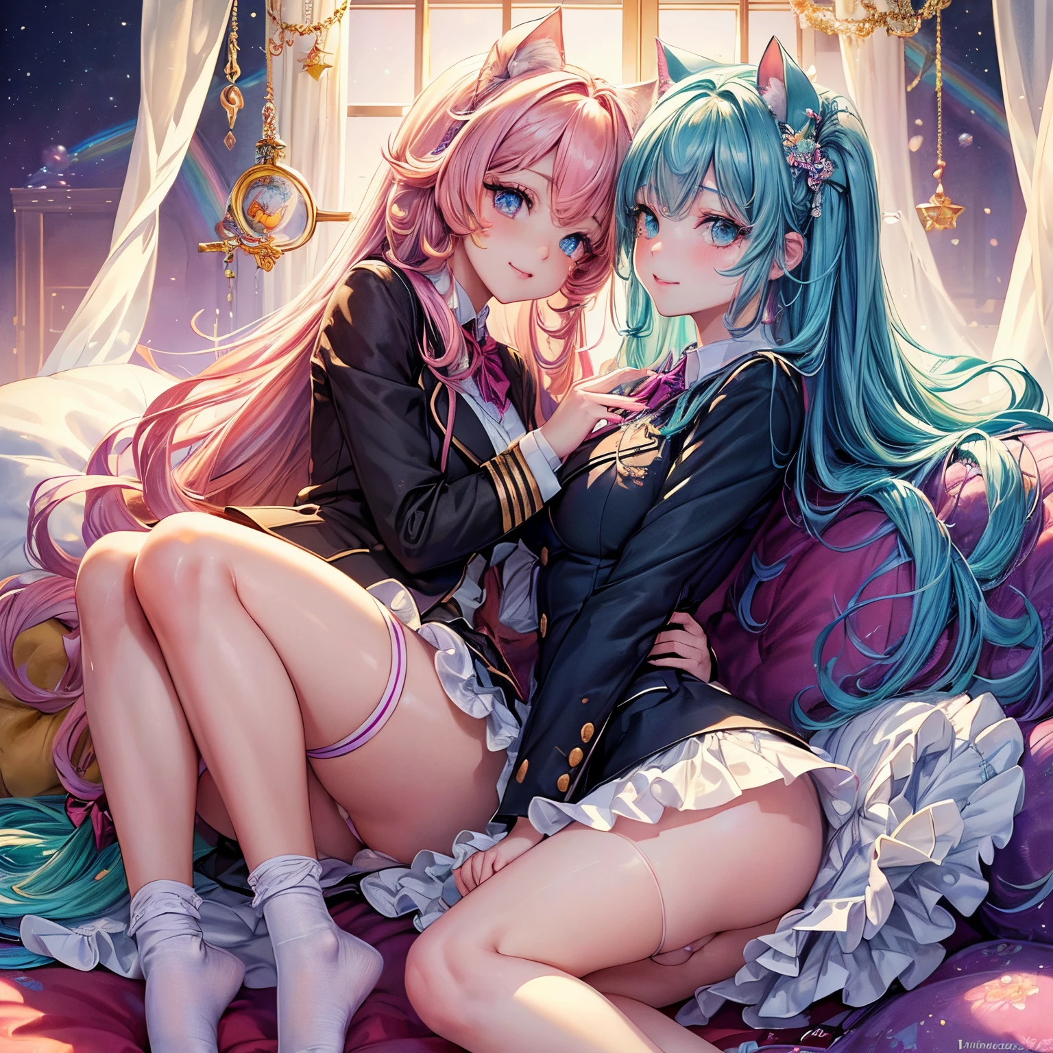 (Beautiful detailed eyes,Beautiful detailed lips,extremely detailed eye and face,longeyelashes),(Cat's ears,Cute girl in ribbon uniform,Cute uniform,Blazer,laughing loud,attractive girl,Best Quality,busty,masutepiece:1.2,stunning figure,Erotically cute,Ultra-high resolution,Gorgeous girl,Lovely girl,Multi-colored hair,Relaxation Socks,High resolution,gorgeous eyes,Perfect beauty) (masterpiece、top-quality、top-quality、watercolor paiting(Curly)、Official art、Beautifully Aesthetic:1.2)、(2girl with:1.3)、(Fractal Art:1.3)、The upper part of the body、From Side、looking at the viewers、patterns、(rainbow-colored hair、colourful hair、Half black and half pink hair:1.2)、((A detailed4This refers to、Thumb joint details))、Eau、gases、云、colourfull、Soap bubbles、Deep kissing、I'm、violate、Detailed underwear、
