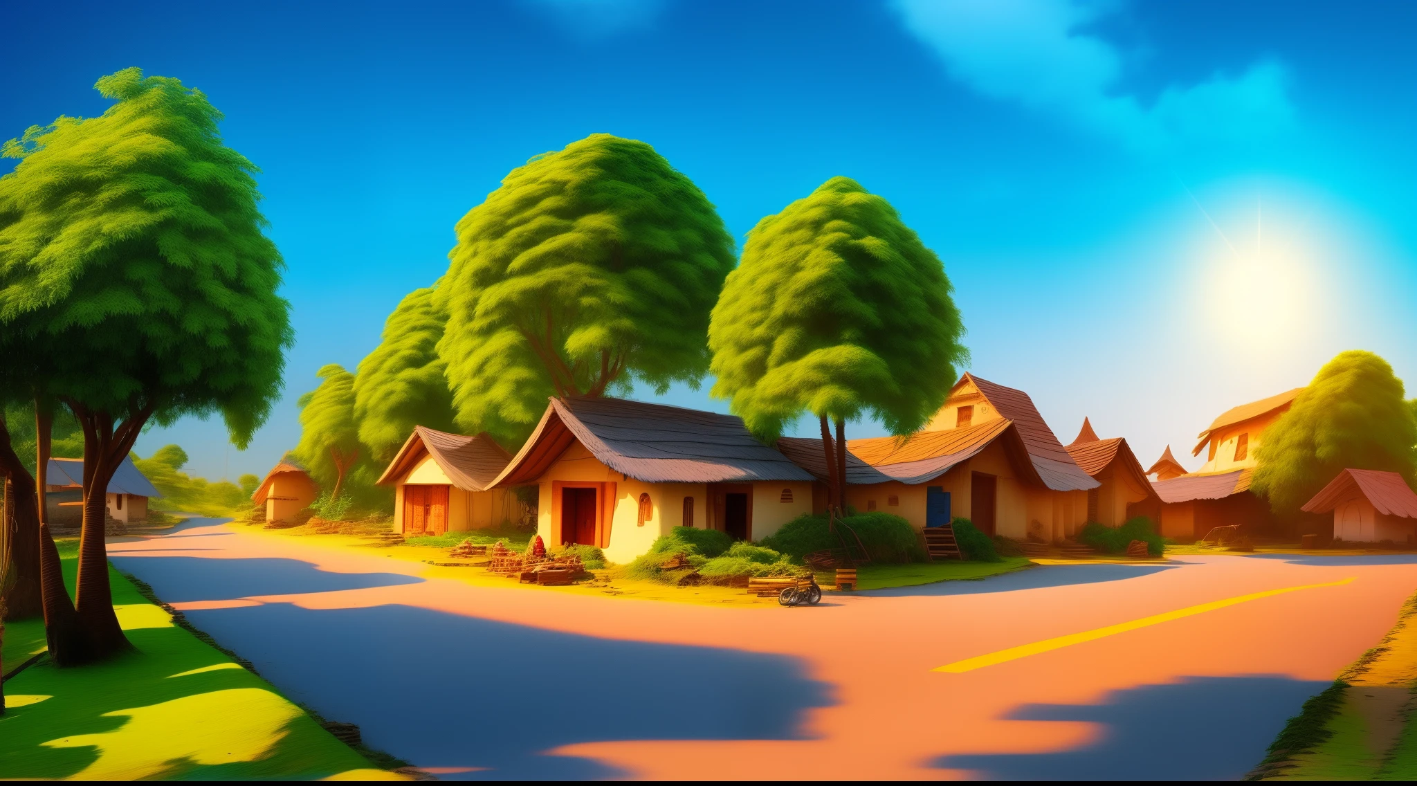 cartoon village , a mordern village, Indian , road ,tree , bright white lighting