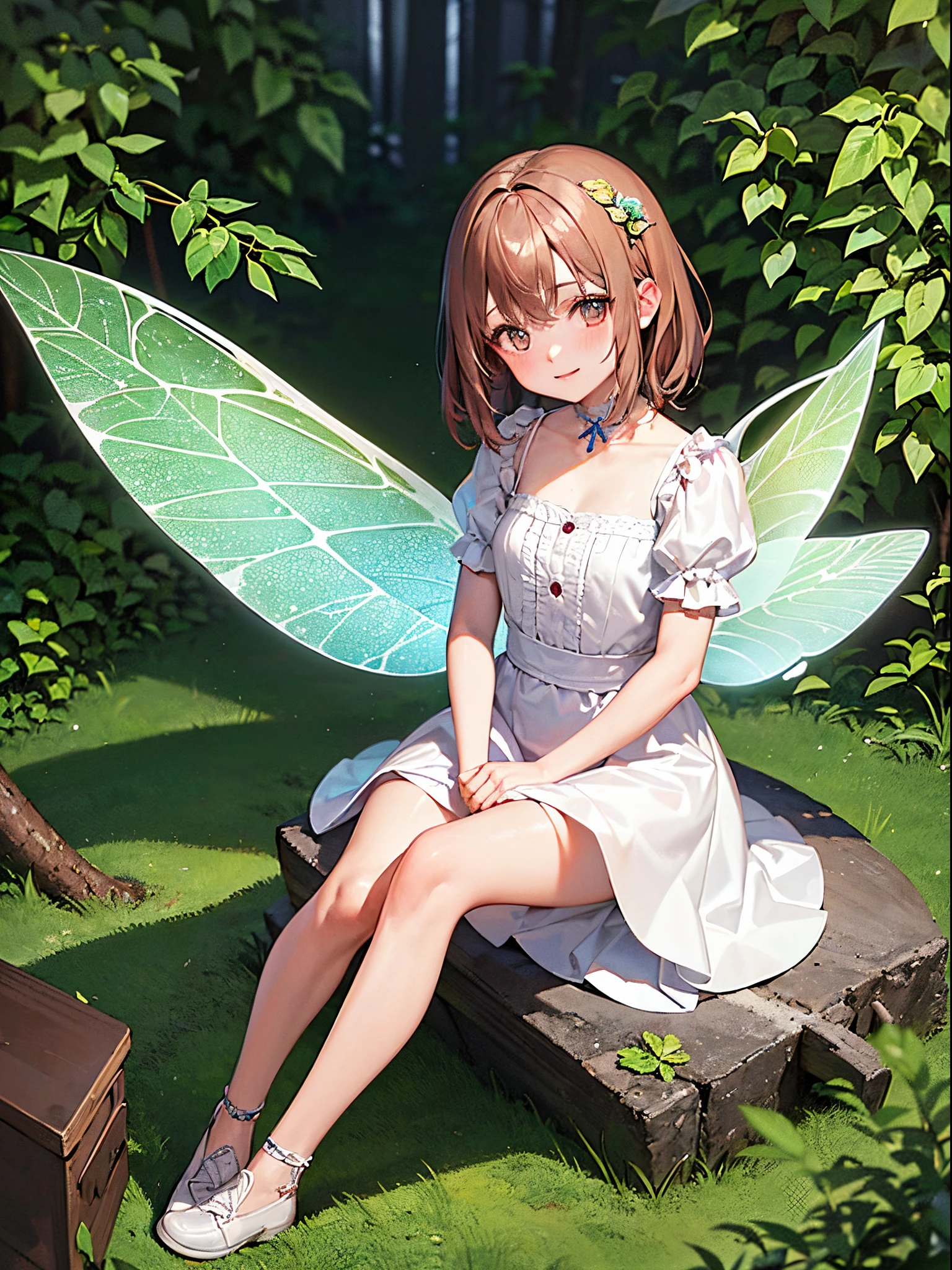 (Absurd, High quality, 8K, Ultra HD, Full body,), (Little Fairy Girl, Height 50cm), She is wearing a short-sleeved white dress with pockets。, She is about , Cute Playfulness, Transparent fairy wings, Fairy tale,reddish brown hair and green eyes, slightly slender, Fantasy, sparkling and vivid, All Esbians, In the quiet forest nature, Art Book: Alberto Seveso, Abstract art style , intricate and detailed watercolor painting, digitial painting, Concept art, 3D lighting, TanvirTamim, metallic reflective, 2d render, ArtGerm, ArtStat Trends