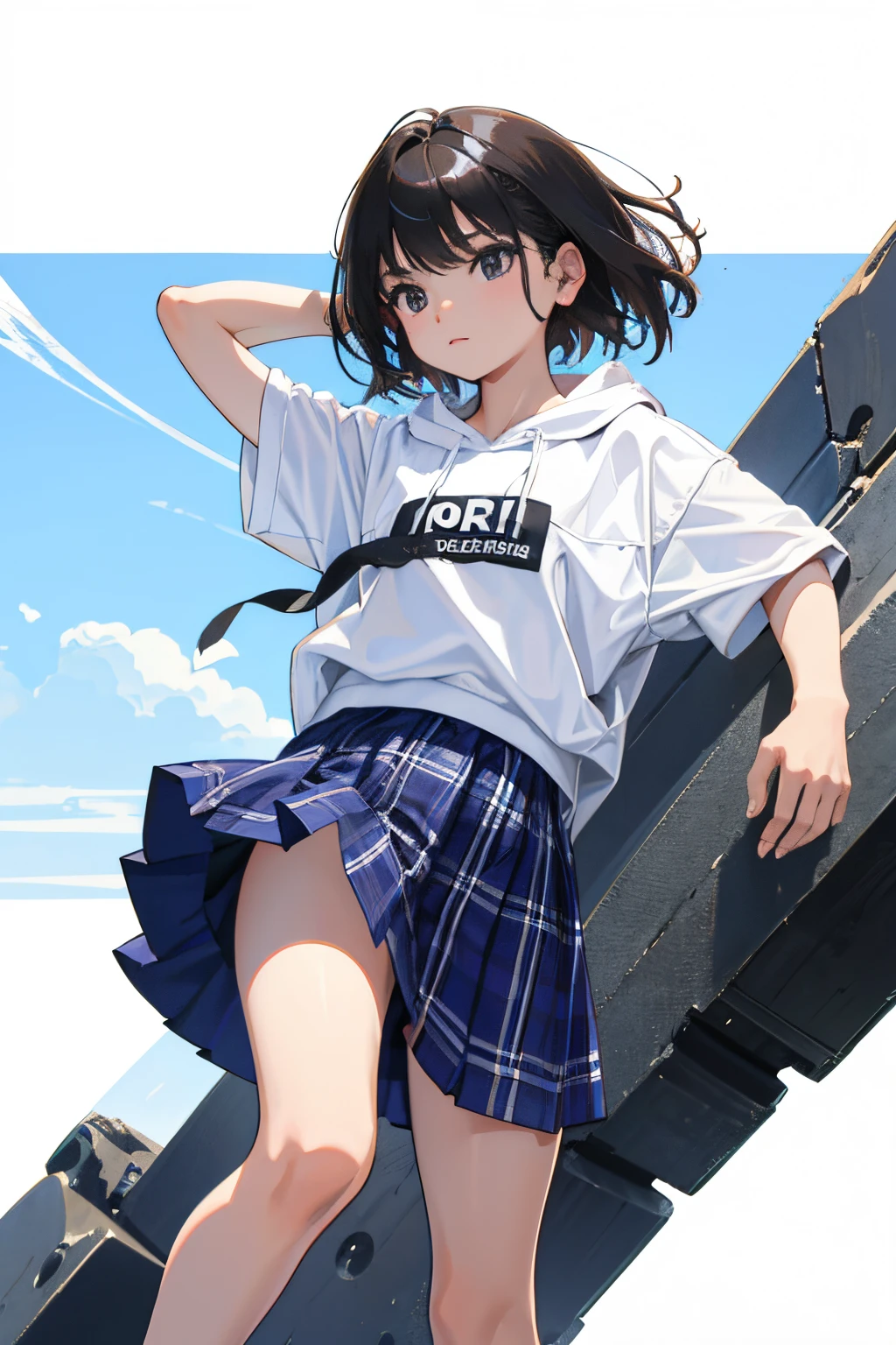 (child:1.2),(masterpiece,Highest Quality),Short sleeve hoodie,plaid skirts,A dark-haired,The wind is blowing