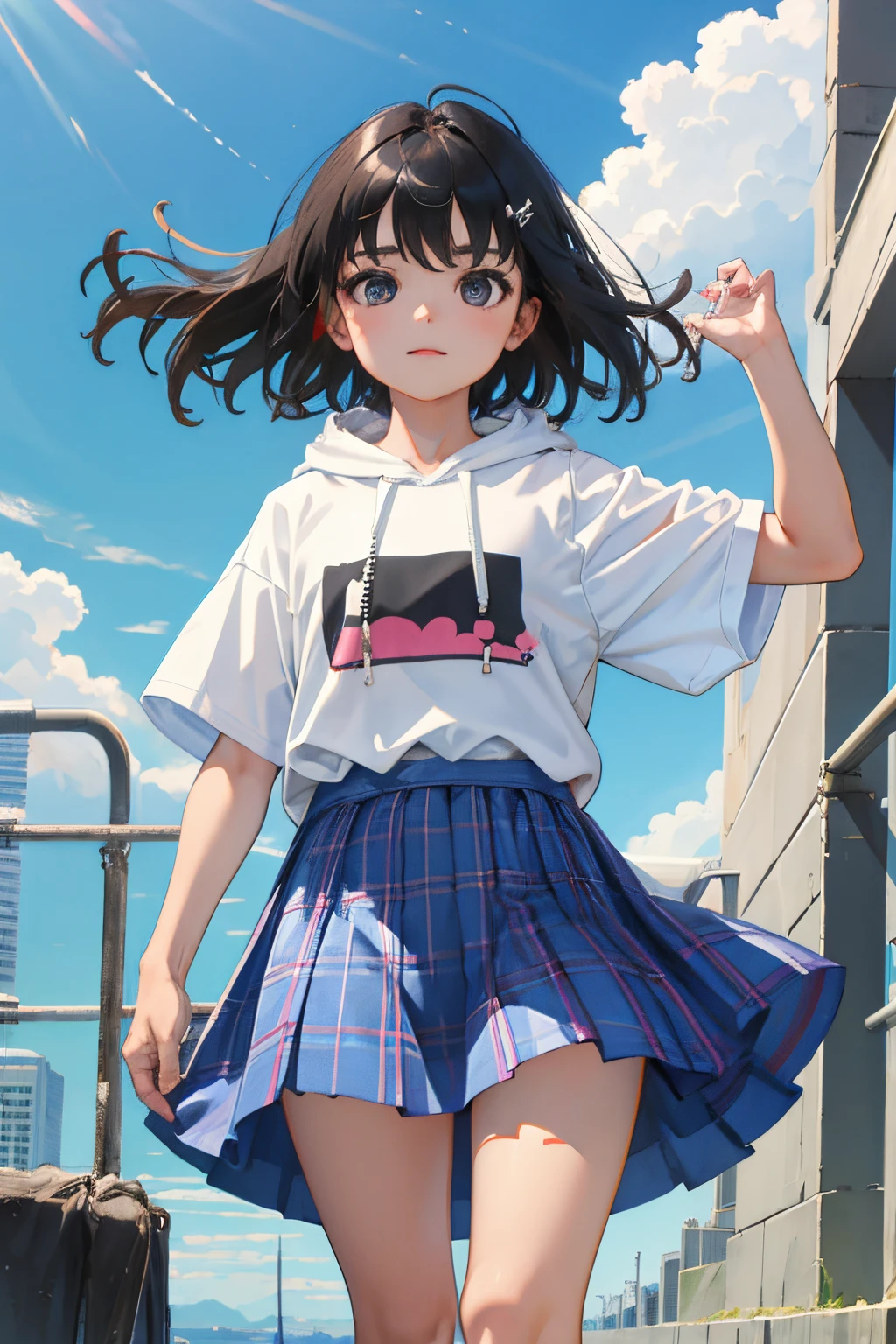 (:1.2),(masterpiece,Highest Quality),Short sleeve hoodie,plaid skirts,A dark-haired,The wind is blowing