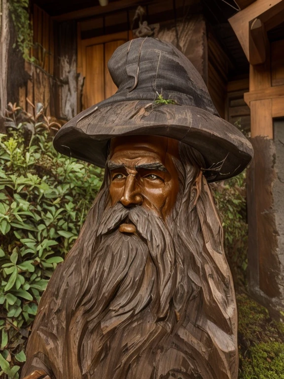 plowed wood sculpture of a man with hat and beard, wooden statue, escultura de madeira, escultura em madeira, Thematic Assistant, of an evil tree wizard, arte em madeira, mago masculino, escultura feita de madeira, gandalf from lord of the rings, Retrato de um bruxo, escultura em madeira profissional, Assistente SAD, mago, Gandalf, esculpido em madeira, Escultura