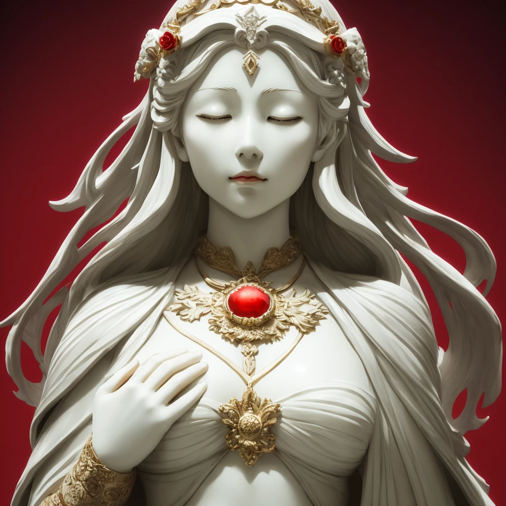 Blood Red Room, Goddess statue、Beautiful fece、White stone skin, Closing your eyes, Wearing a robe, only face、worship hands、straighten the body,Facing the front、Pinch the camera, hyper HD, Anatomically correct, Textured skin, Super Detail, high details, High quality, hight resolution, 8K, hyper HD, Anatomically correct, Textured skin, Super Detail, high details, High quality,only face、 Best Quality, 8K,Reishnampo,Room 2,Horror
