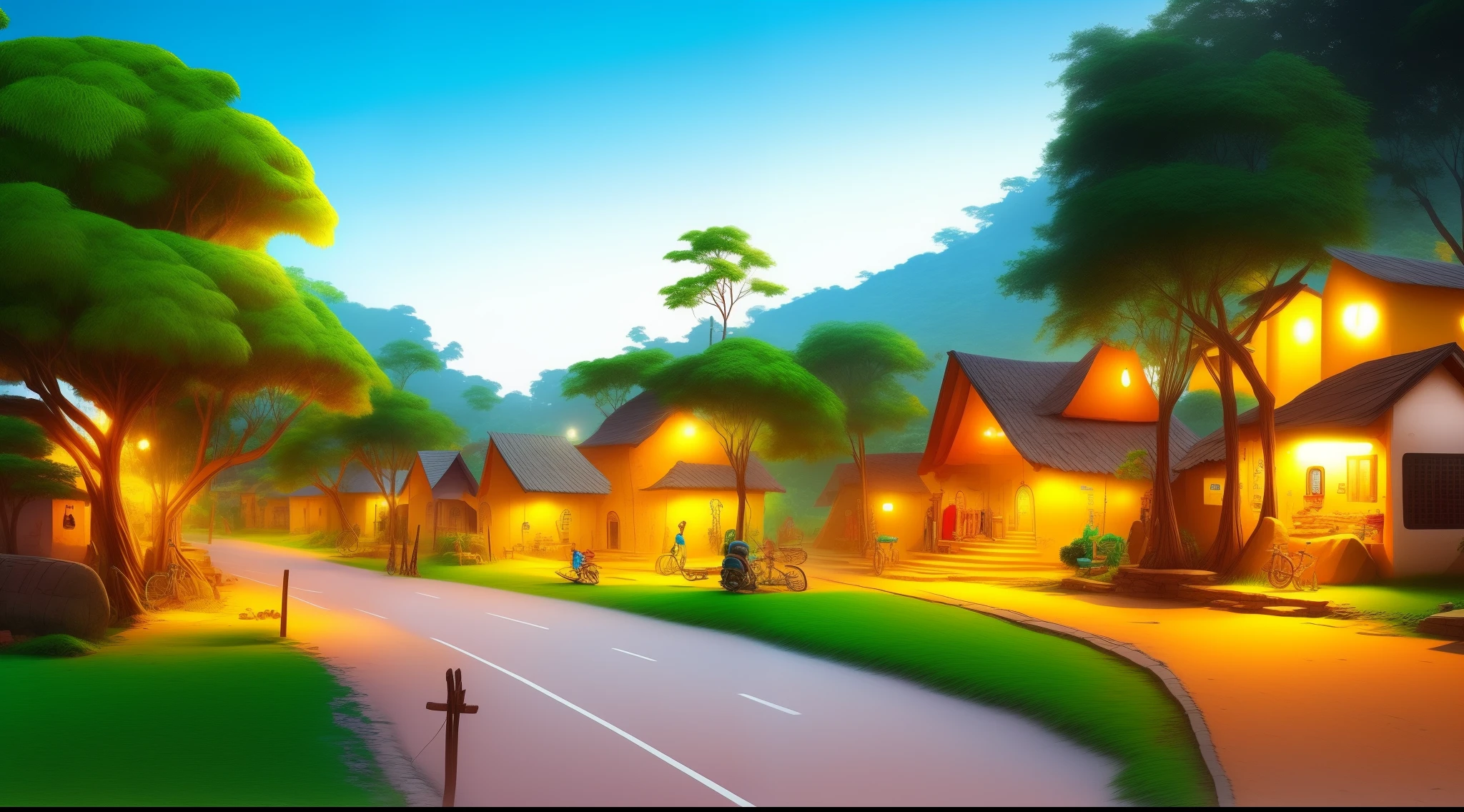 cartoon village , a mordern village, Indian , road ,tree , bright white lighting